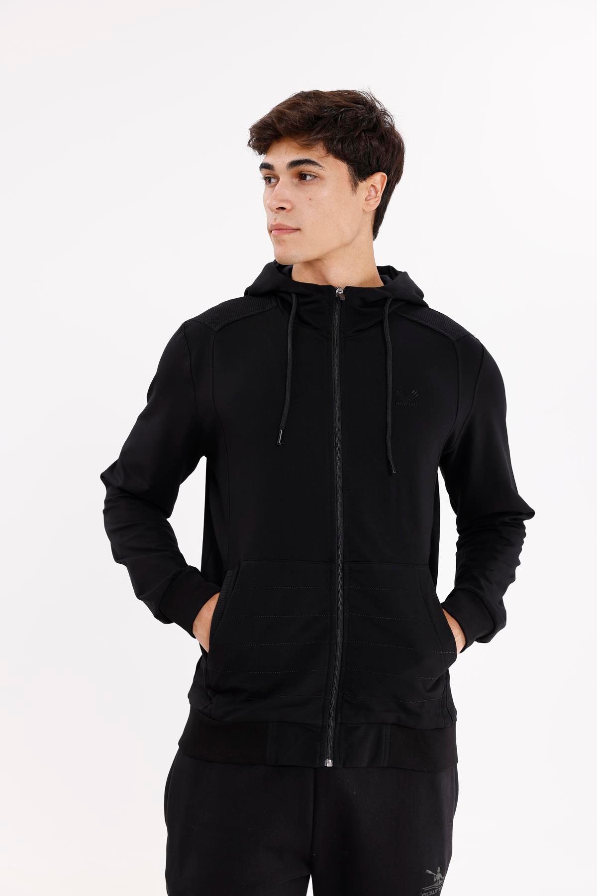 Omuz Panel Detaylı Fermuarlı Kapüşonlu Erkek Sweatshirt