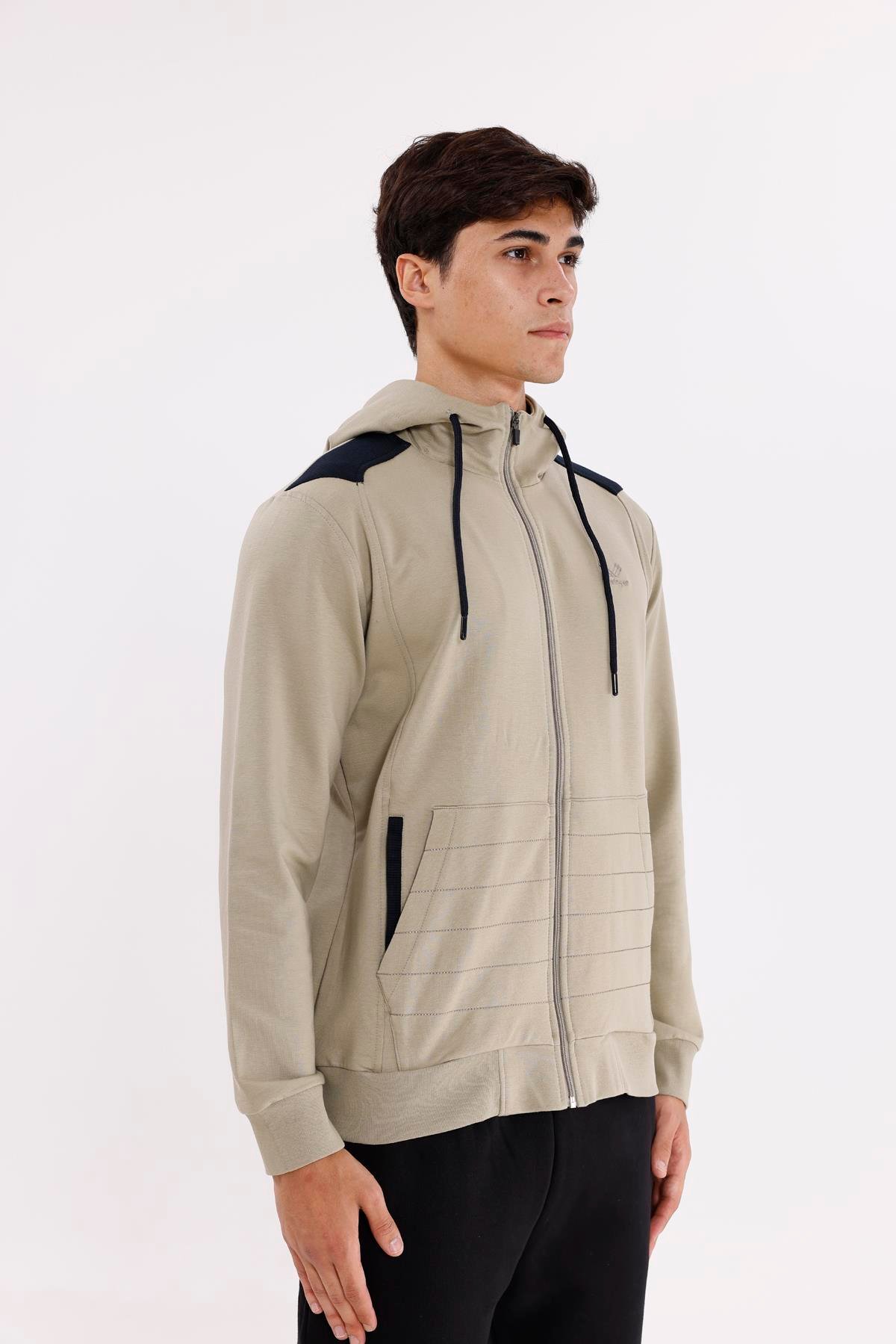 Omuz Panel Detaylı Fermuarlı Kapüşonlu Erkek Sweatshirt