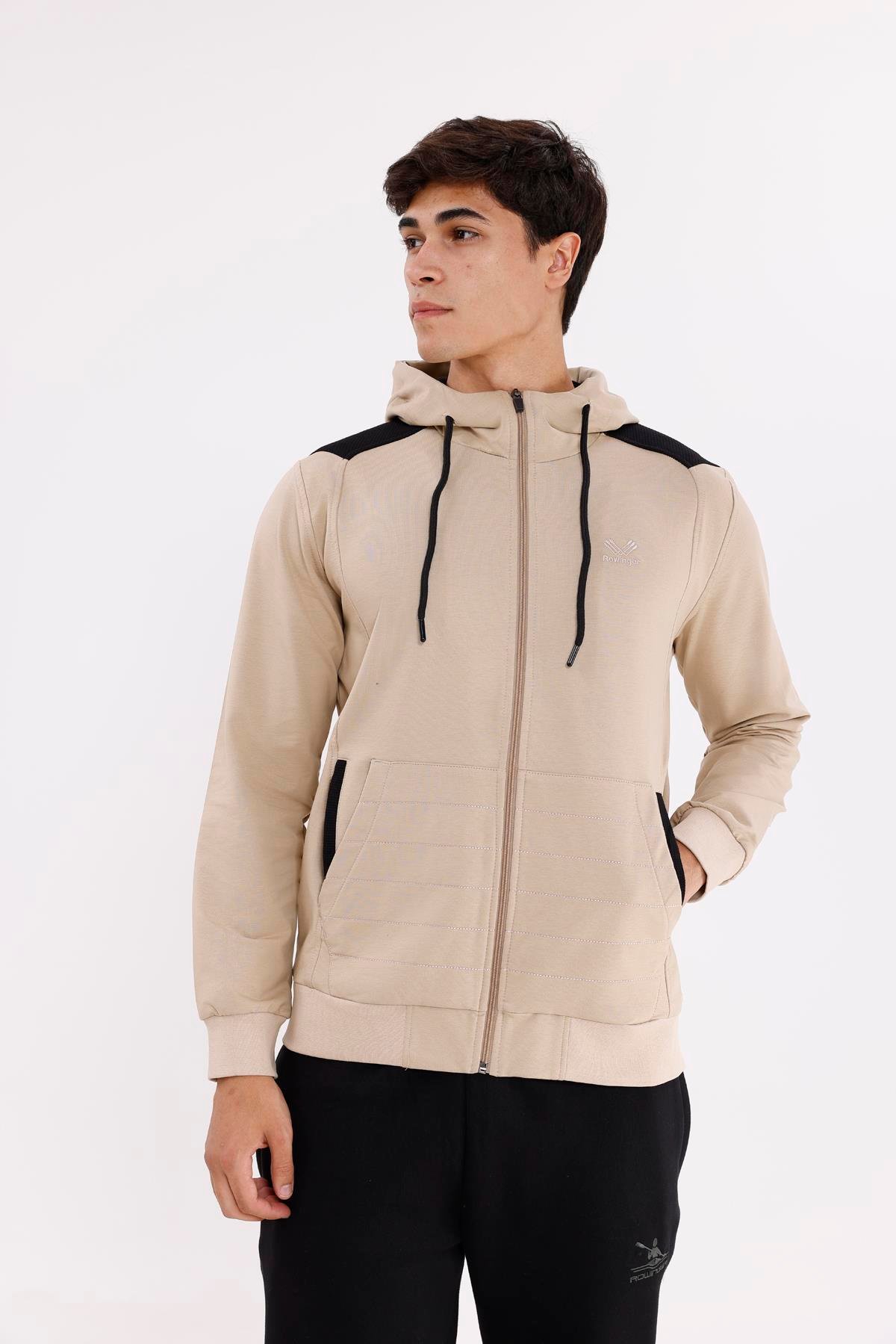 Omuz Panel Detaylı Fermuarlı Kapüşonlu Erkek Sweatshirt