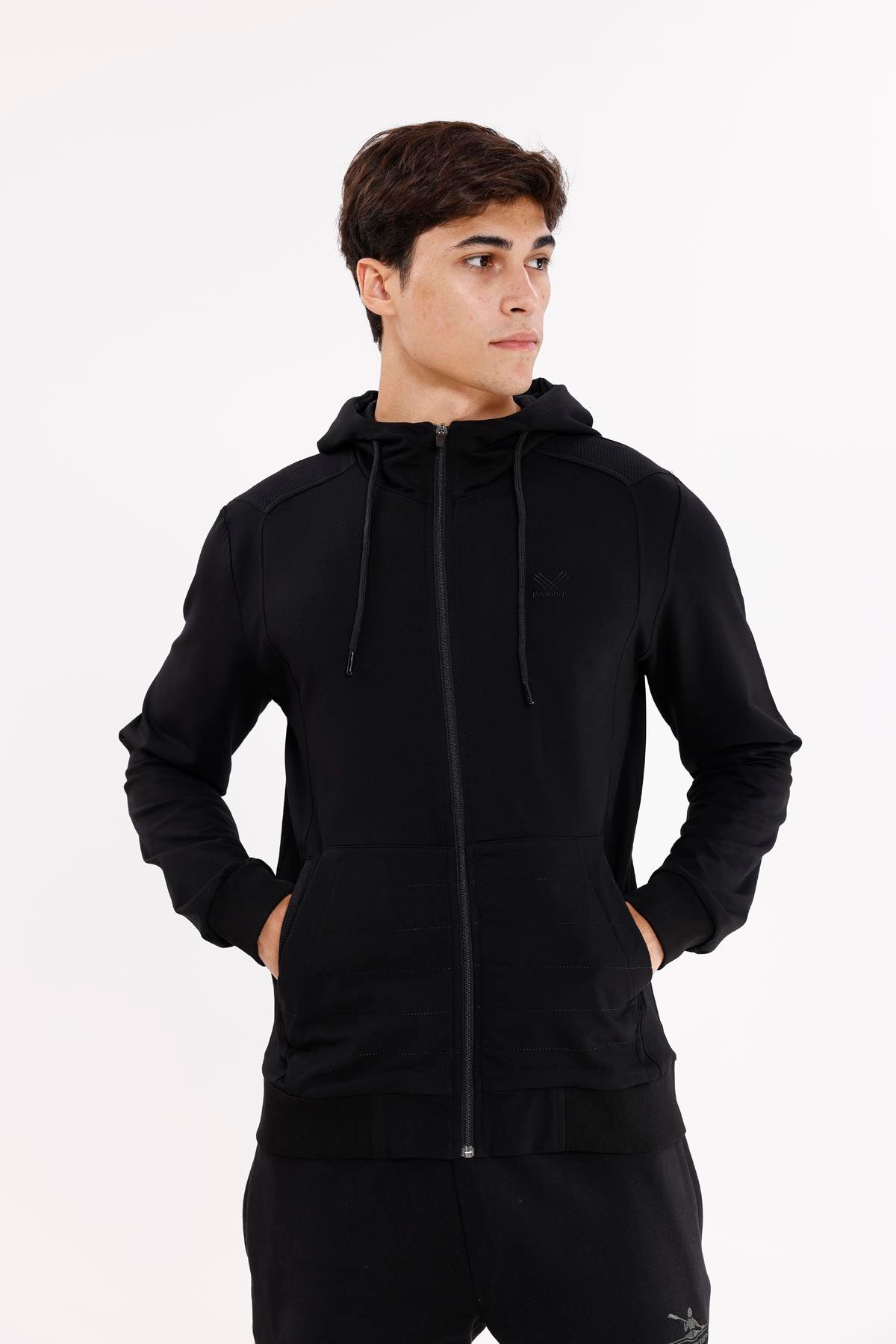 Omuz Panel Detaylı Fermuarlı Kapüşonlu Erkek Sweatshirt