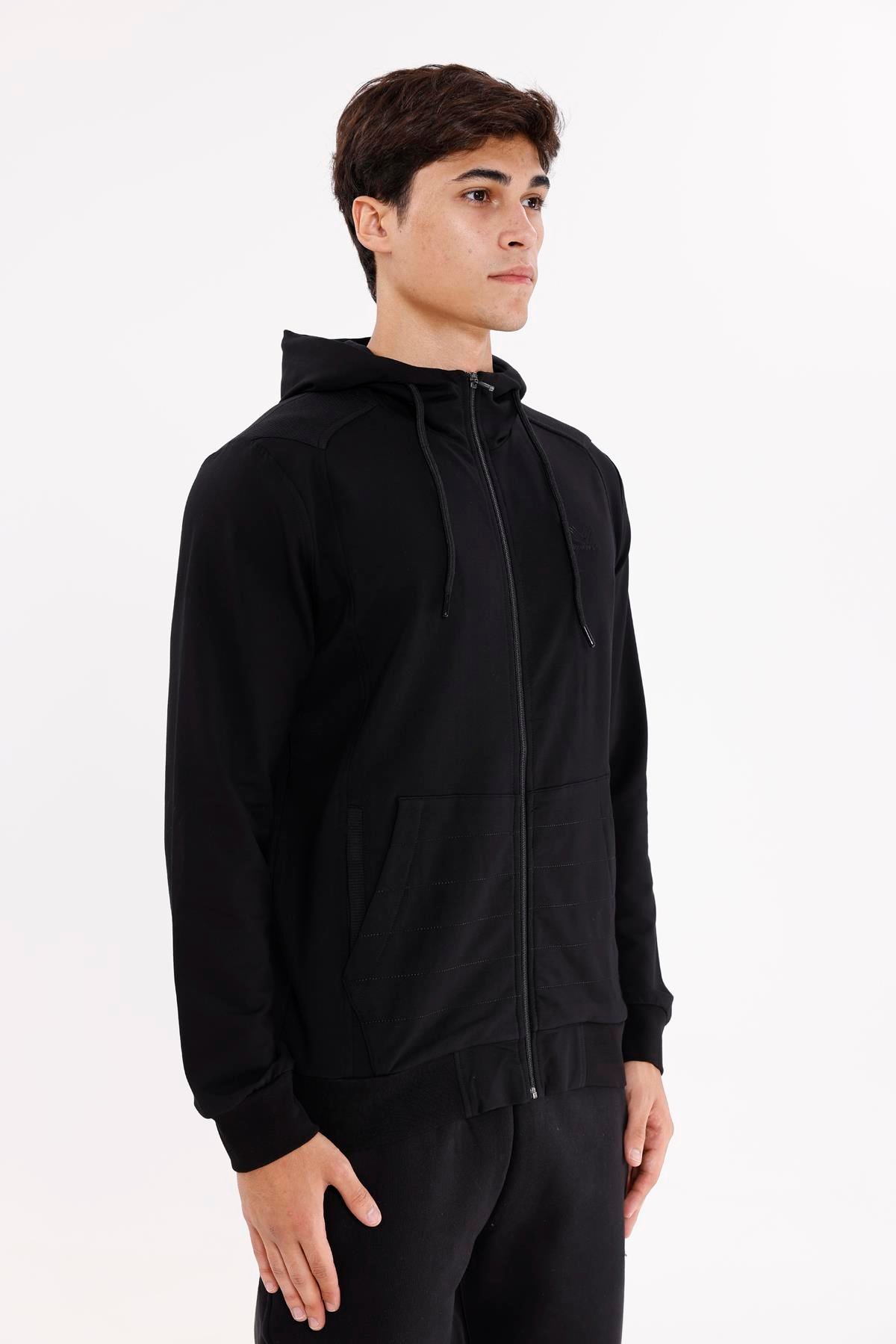 Omuz Panel Detaylı Fermuarlı Kapüşonlu Erkek Sweatshirt