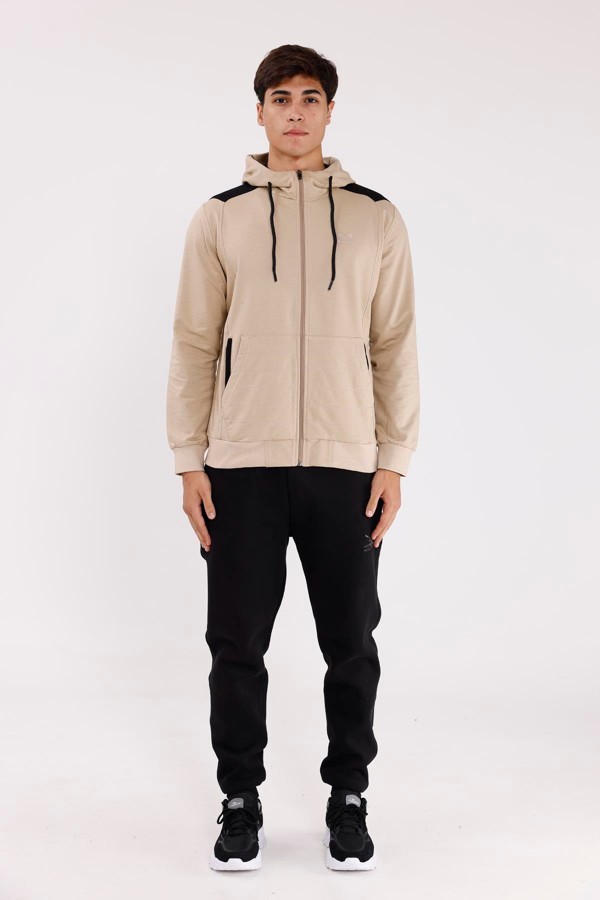 Omuz Panel Detaylı Fermuarlı Kapüşonlu Erkek Sweatshirt
