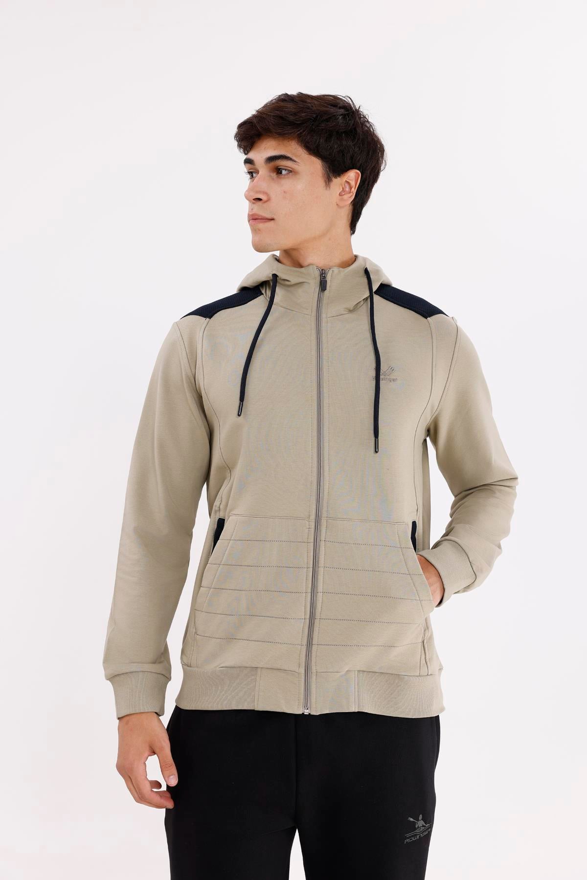 Omuz Panel Detaylı Fermuarlı Kapüşonlu Erkek Sweatshirt