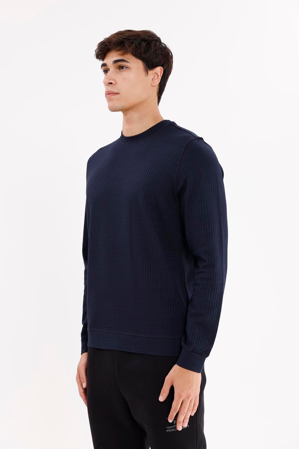 Petek Yüzeyli Bisiklet Yaka Rahat Kalıp Lastik Manşetli Mevsimlik Sweatshirt