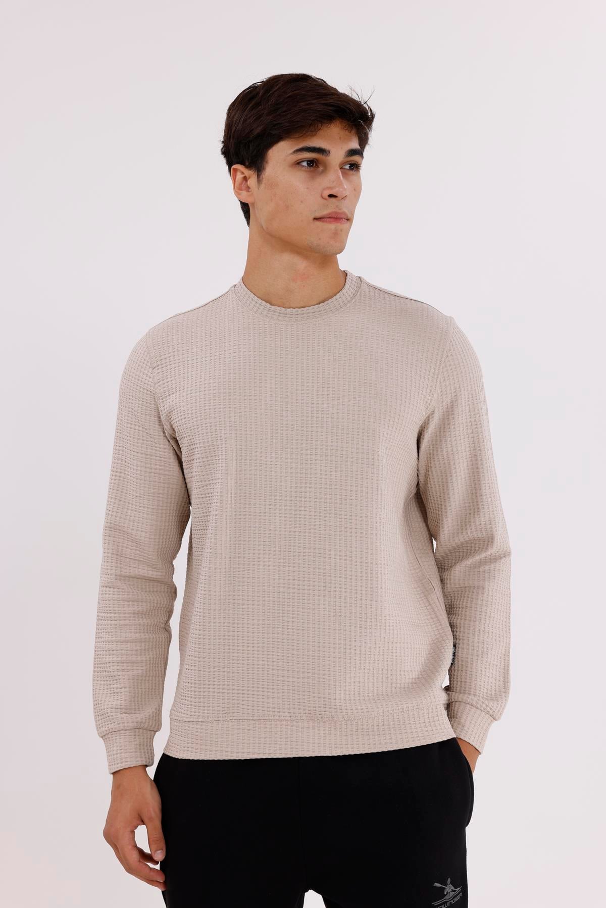 Petek Yüzeyli Bisiklet Yaka Rahat Kalıp Lastik Manşetli Mevsimlik Sweatshirt