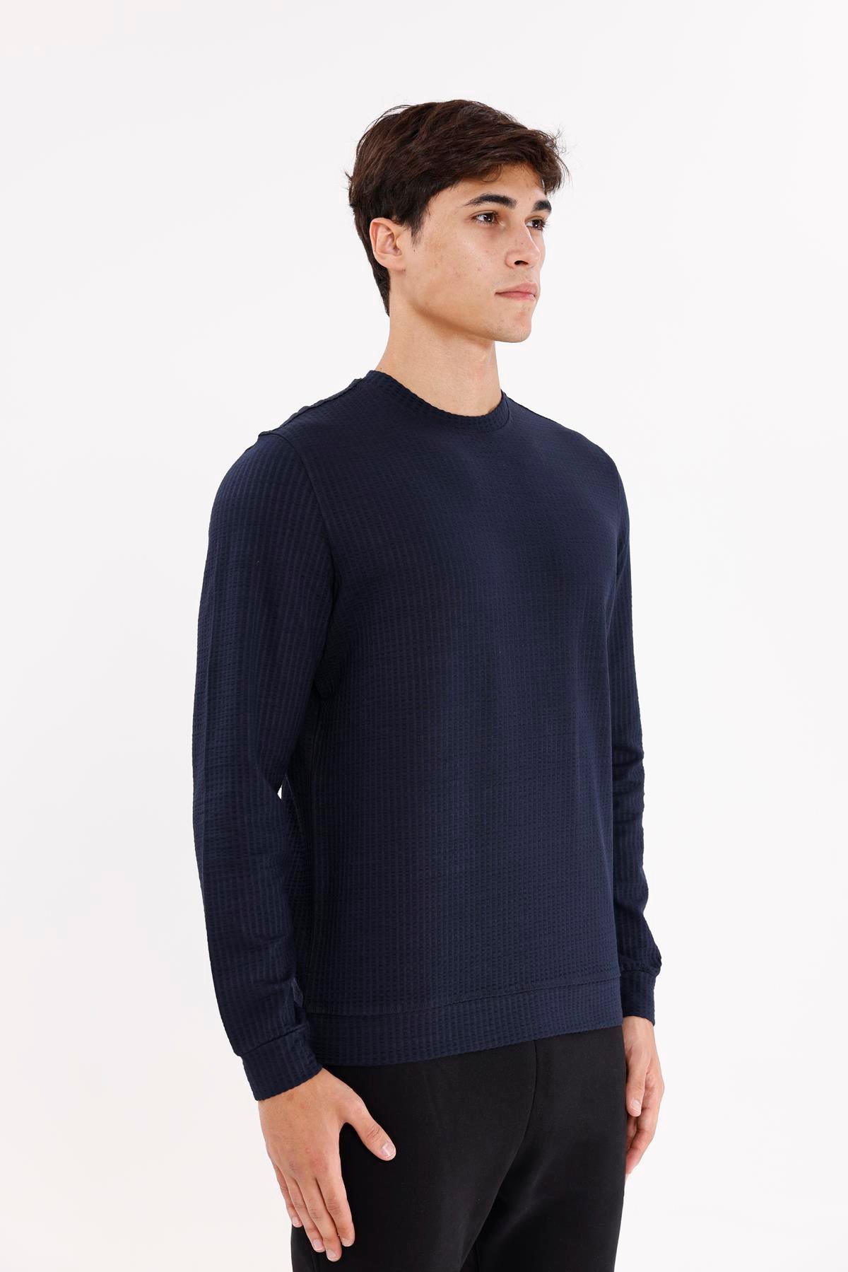Petek Yüzeyli Bisiklet Yaka Rahat Kalıp Lastik Manşetli Mevsimlik Sweatshirt