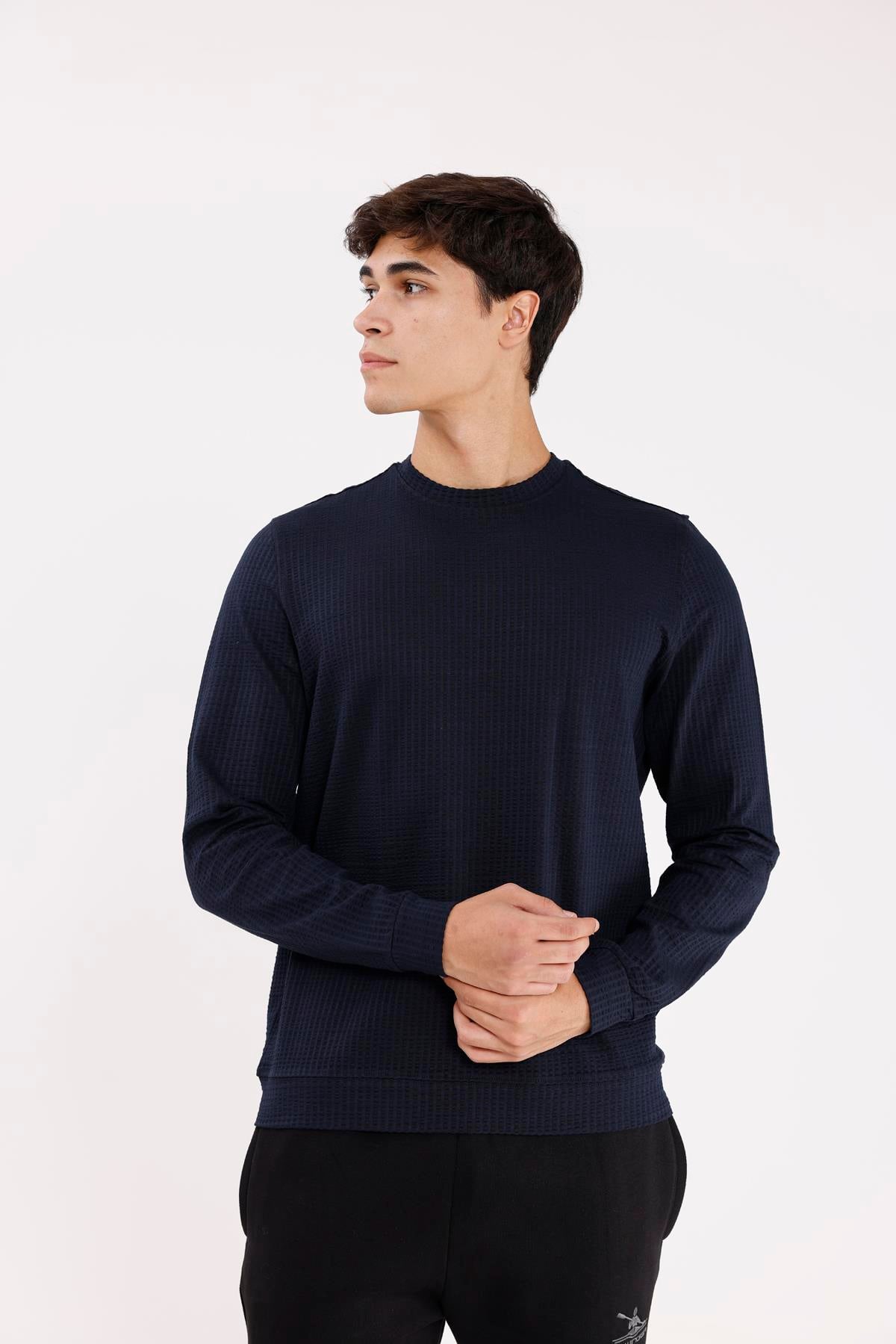 Petek Yüzeyli Bisiklet Yaka Rahat Kalıp Lastik Manşetli Mevsimlik Sweatshirt