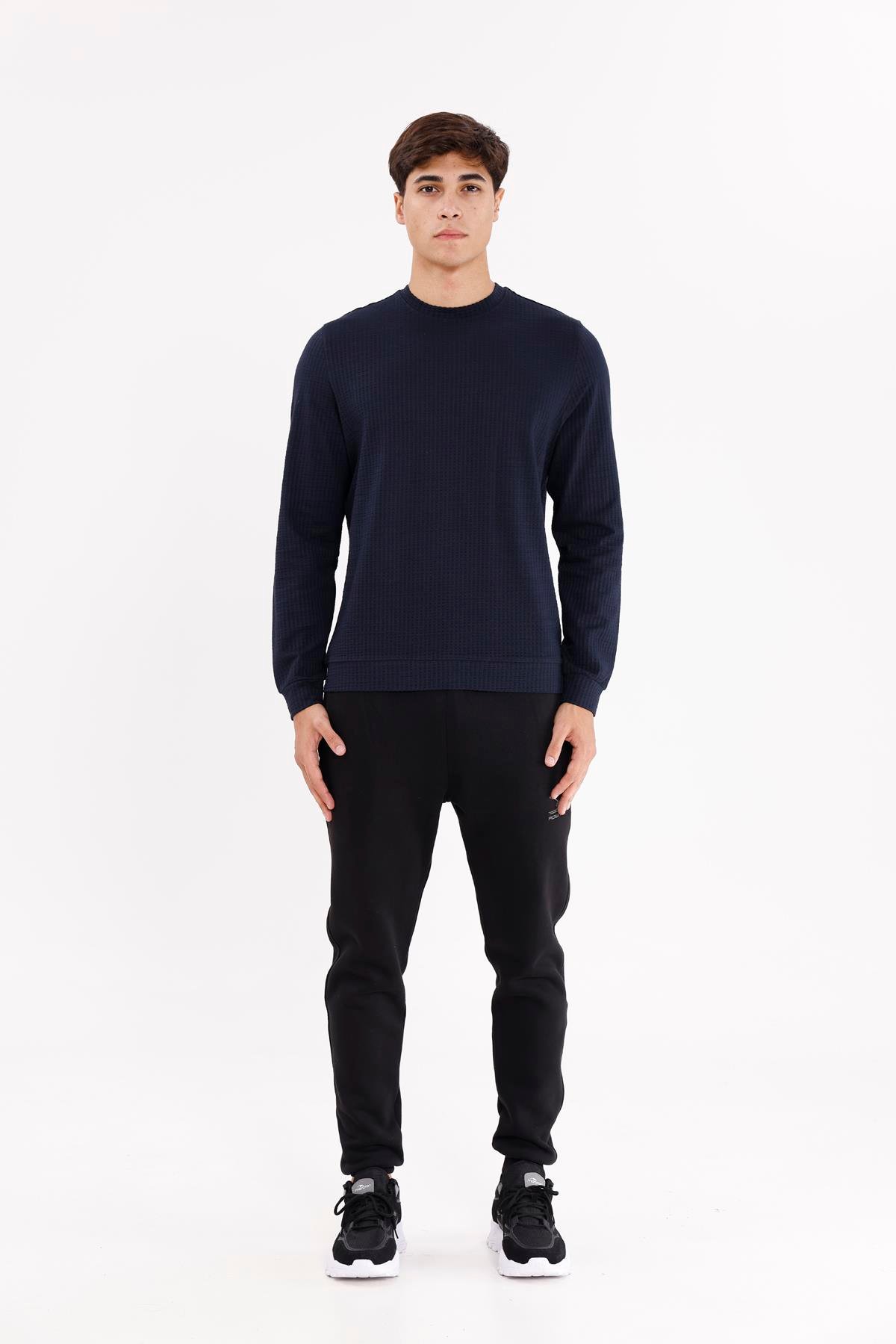 Petek Yüzeyli Bisiklet Yaka Rahat Kalıp Lastik Manşetli Mevsimlik Sweatshirt