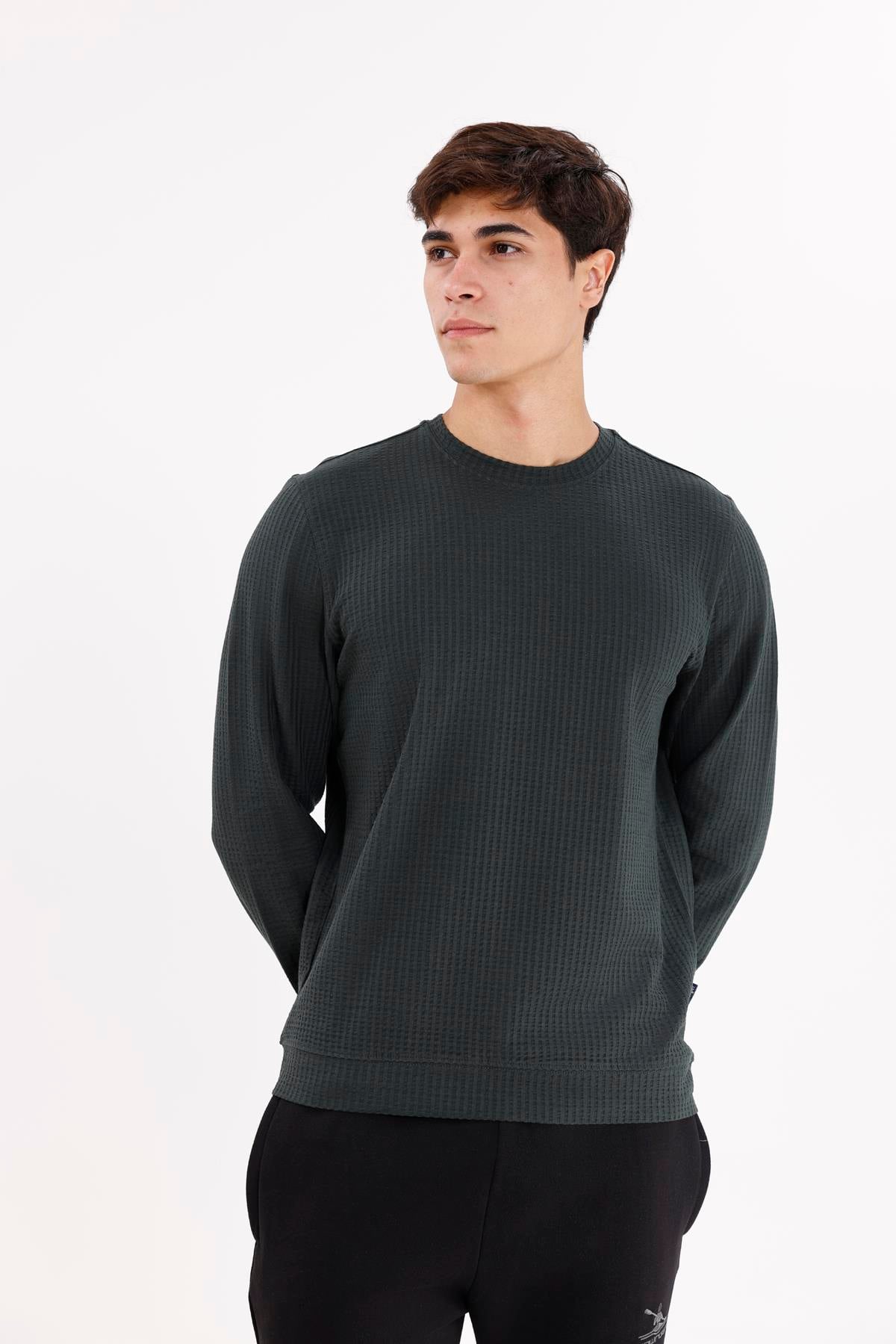 Petek Yüzeyli Bisiklet Yaka Rahat Kalıp Lastik Manşetli Mevsimlik Sweatshirt