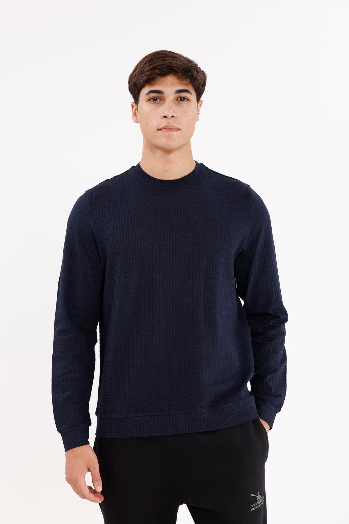 Petek Yüzeyli Bisiklet Yaka Rahat Kalıp Lastik Manşetli Mevsimlik Sweatshirt