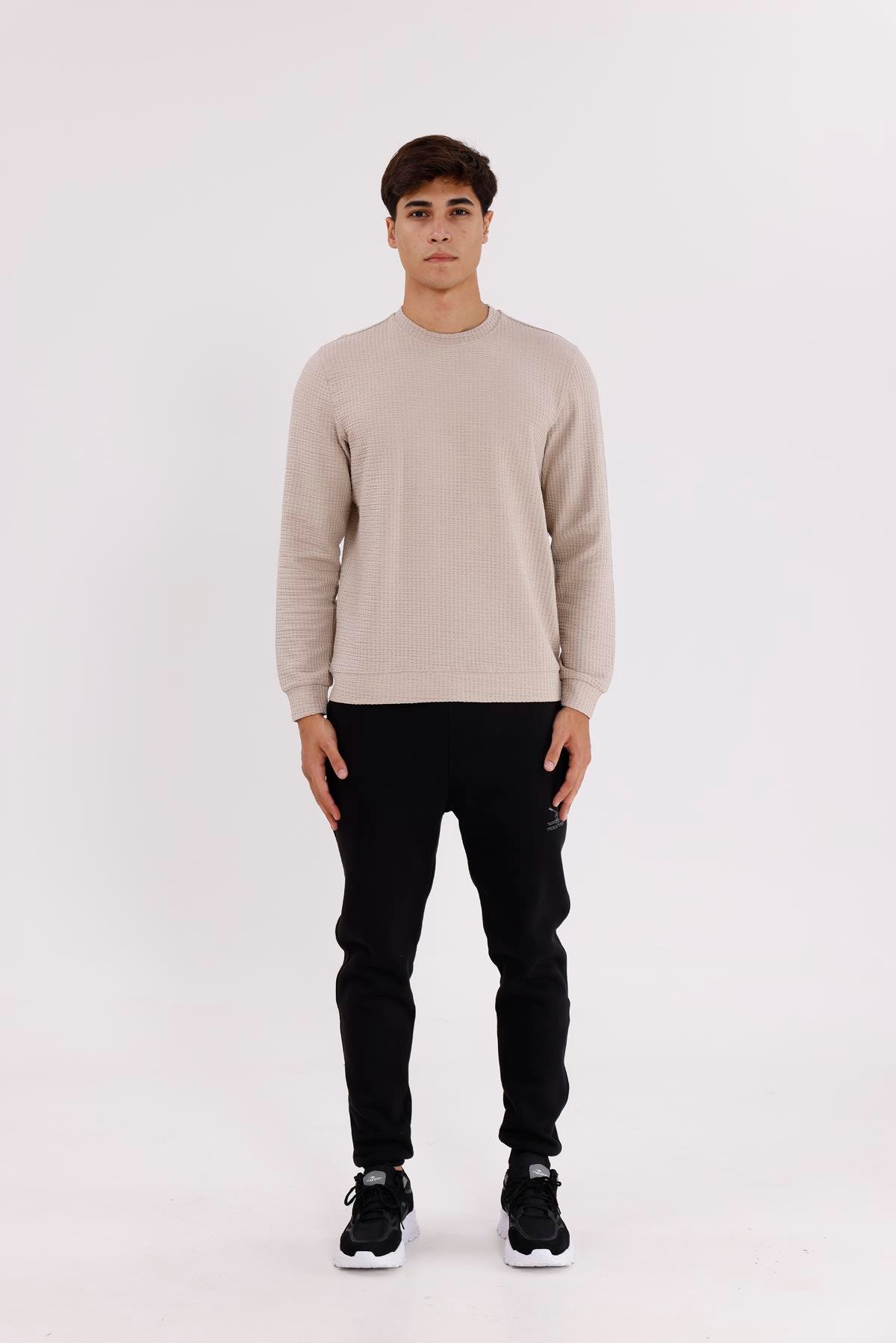 Petek Yüzeyli Bisiklet Yaka Rahat Kalıp Lastik Manşetli Mevsimlik Sweatshirt