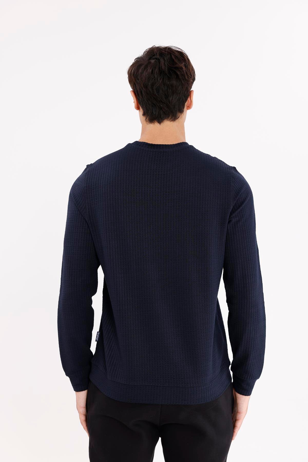 Petek Yüzeyli Bisiklet Yaka Rahat Kalıp Lastik Manşetli Mevsimlik Sweatshirt