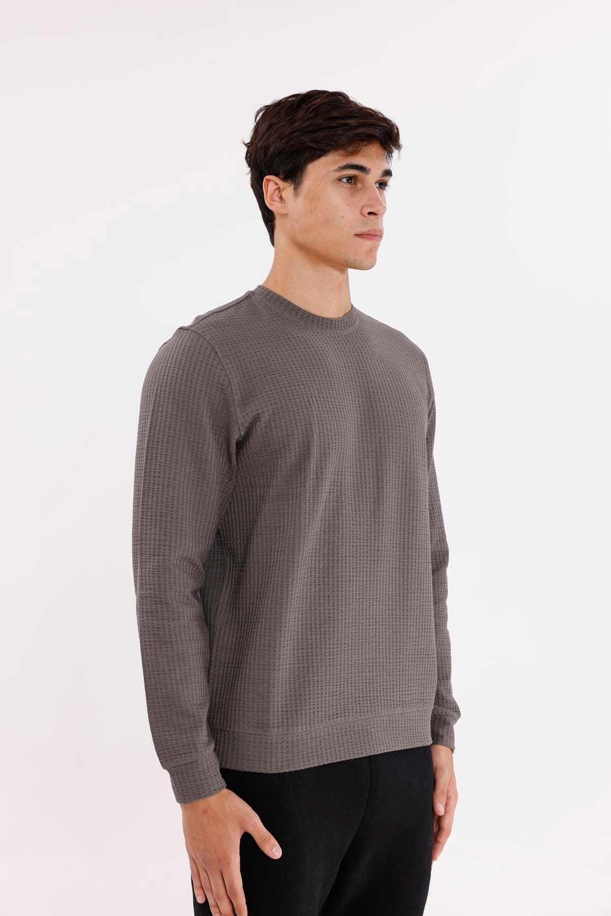 Petek Yüzeyli Bisiklet Yaka Rahat Kalıp Lastik Manşetli Mevsimlik Sweatshirt