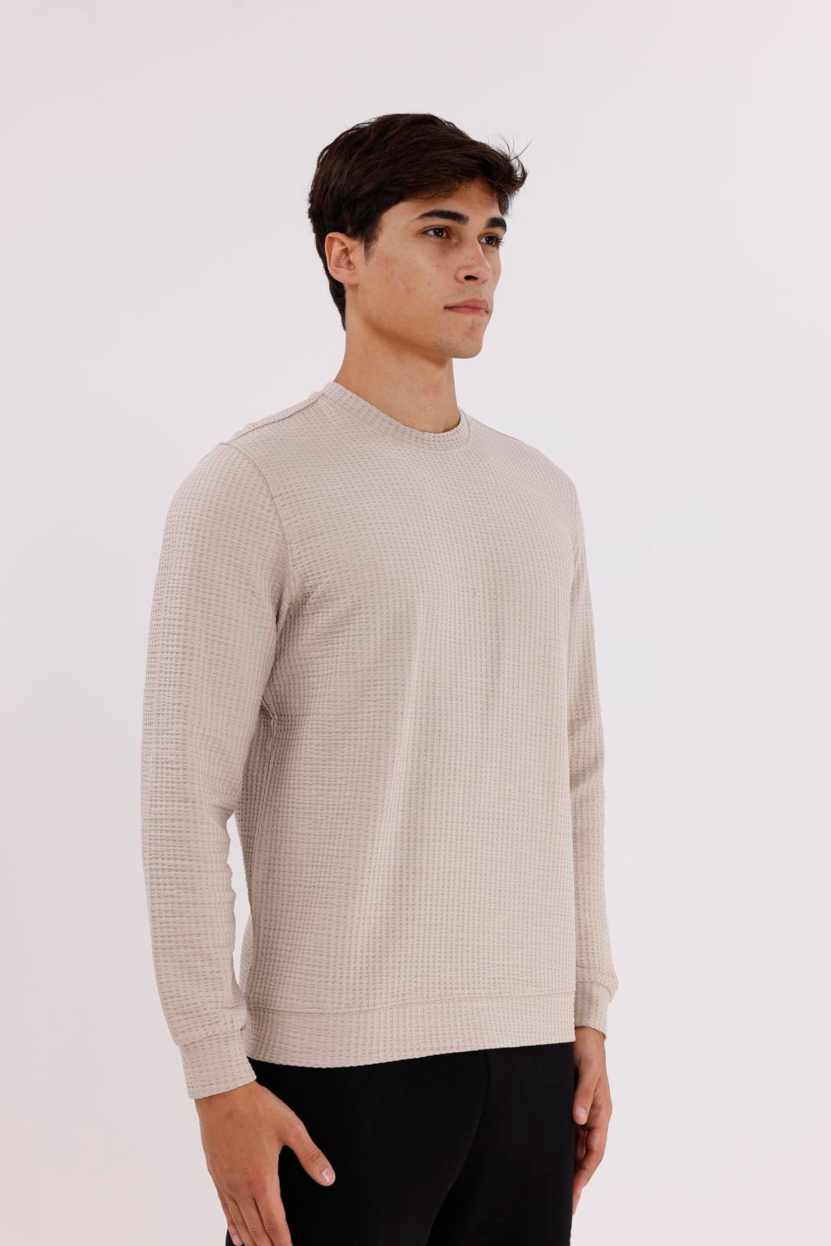 Petek Yüzeyli Bisiklet Yaka Rahat Kalıp Lastik Manşetli Mevsimlik Sweatshirt