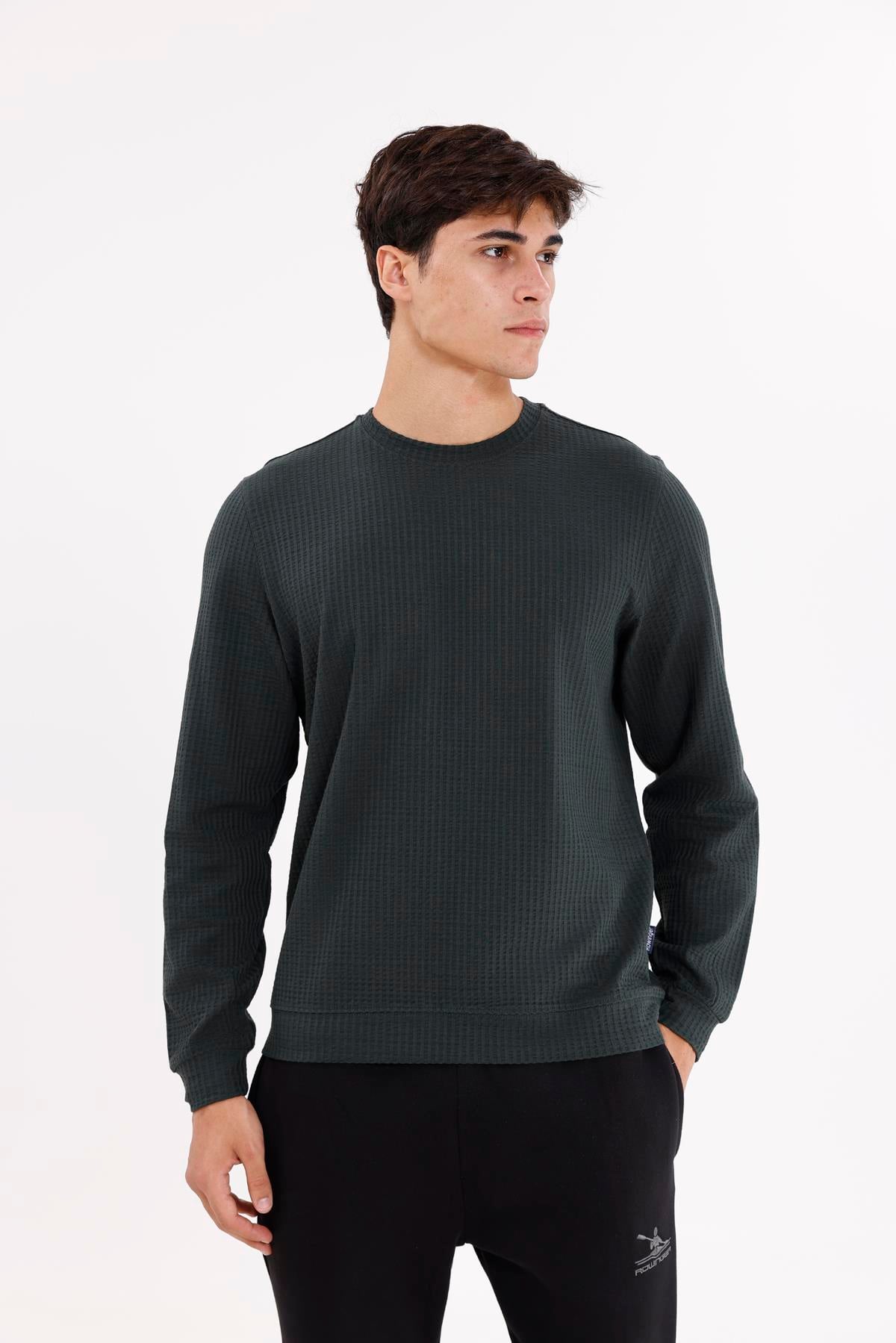 Petek Yüzeyli Bisiklet Yaka Rahat Kalıp Lastik Manşetli Mevsimlik Sweatshirt