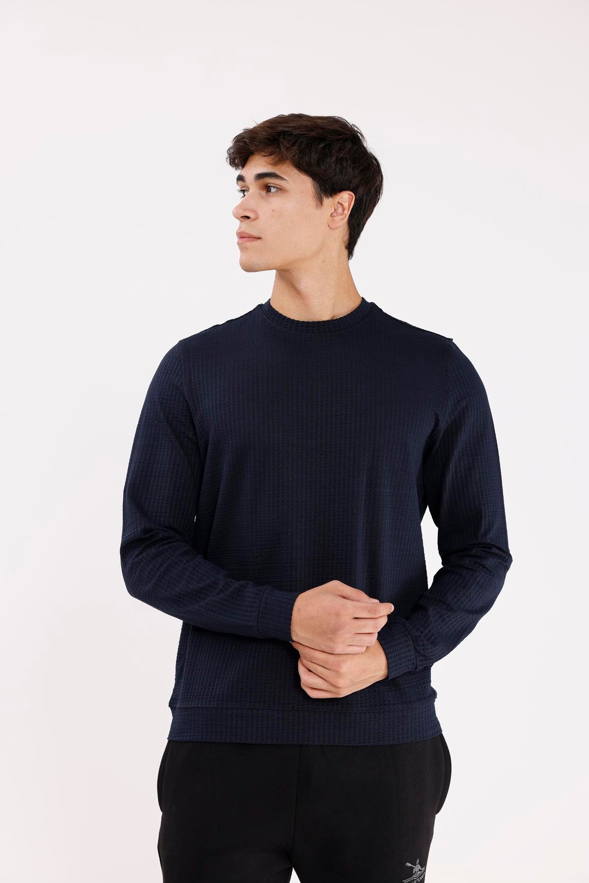 Petek Yüzeyli Bisiklet Yaka Rahat Kalıp Lastik Manşetli Mevsimlik Sweatshirt