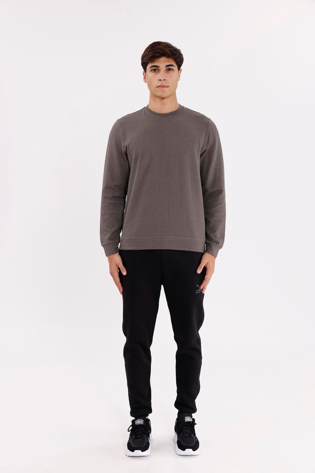 Petek Yüzeyli Bisiklet Yaka Rahat Kalıp Lastik Manşetli Mevsimlik Sweatshirt