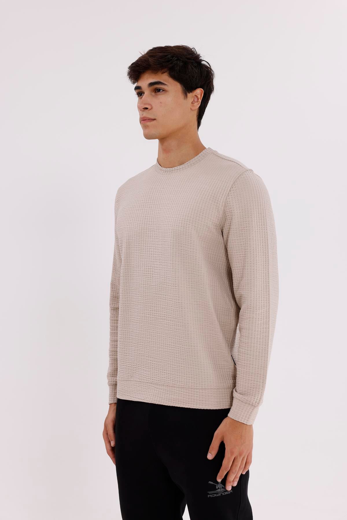 Petek Yüzeyli Bisiklet Yaka Rahat Kalıp Lastik Manşetli Mevsimlik Sweatshirt