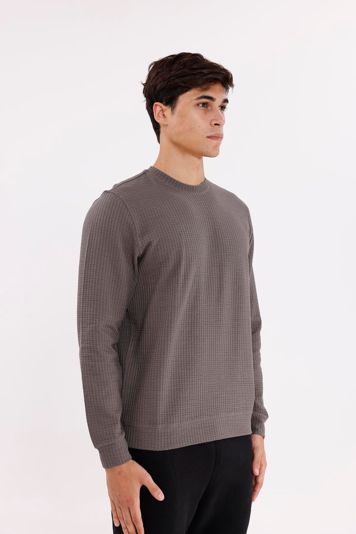 Petek Yüzeyli Bisiklet Yaka Rahat Kalıp Lastik Manşetli Mevsimlik Sweatshirt
