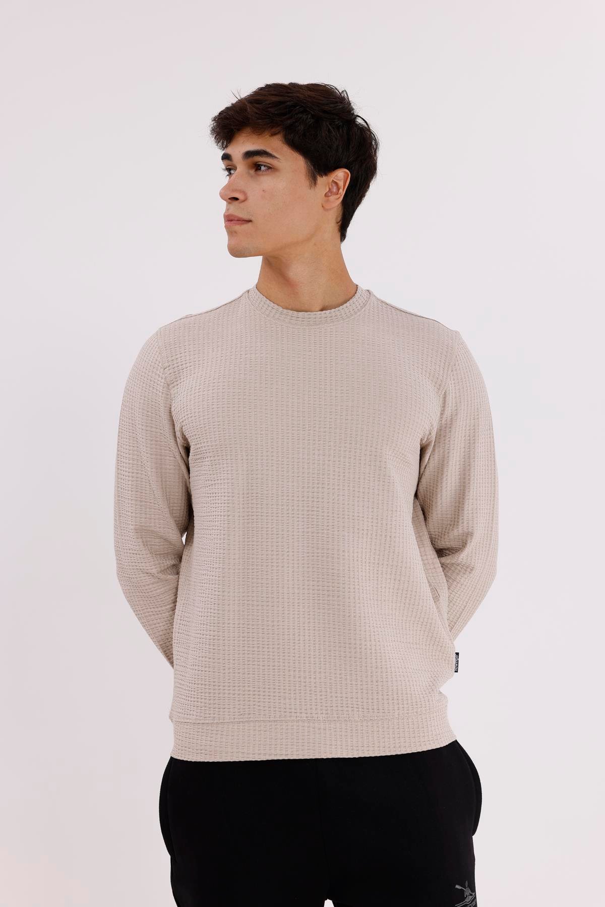 Petek Yüzeyli Bisiklet Yaka Rahat Kalıp Lastik Manşetli Mevsimlik Sweatshirt