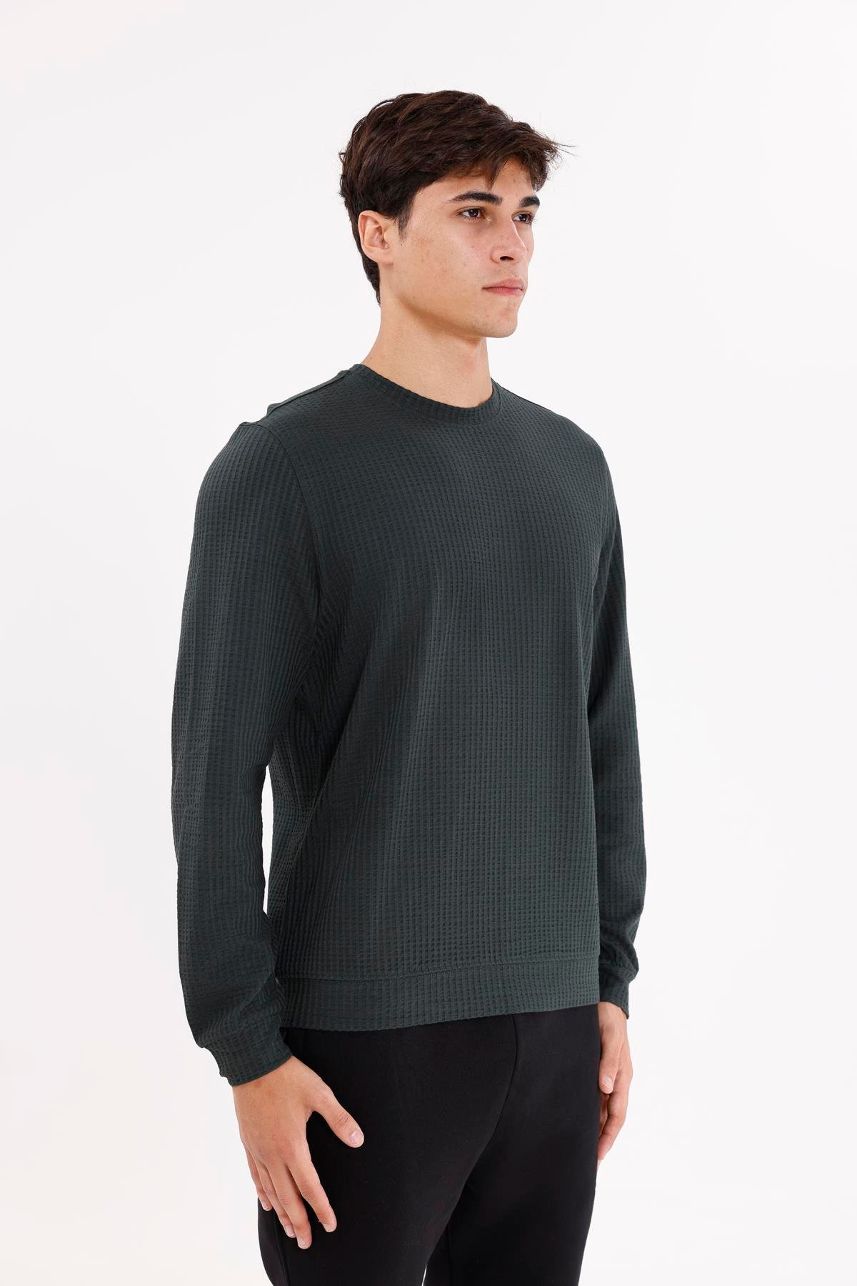 Petek Yüzeyli Bisiklet Yaka Rahat Kalıp Lastik Manşetli Mevsimlik Sweatshirt