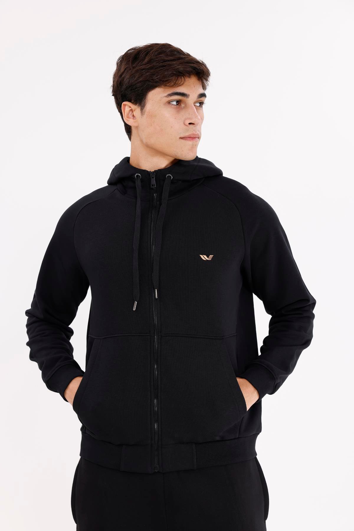 Raglan Kol Tam Fermuarlı Kordonlu Kapüşon Kanguru Cepli Süper Koton Rahat Kalıp Kapüşonlu Sweatshirt