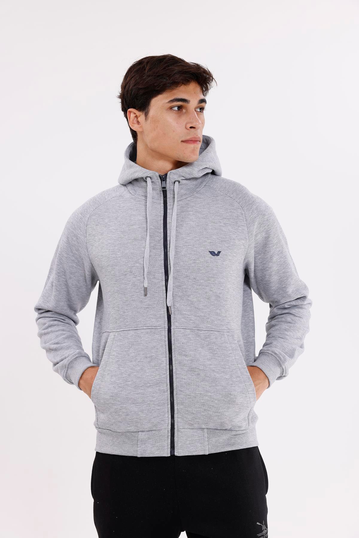 Raglan Kol Tam Fermuarlı Kordonlu Kapüşon Kanguru Cepli Süper Koton Rahat Kalıp Kapüşonlu Sweatshirt