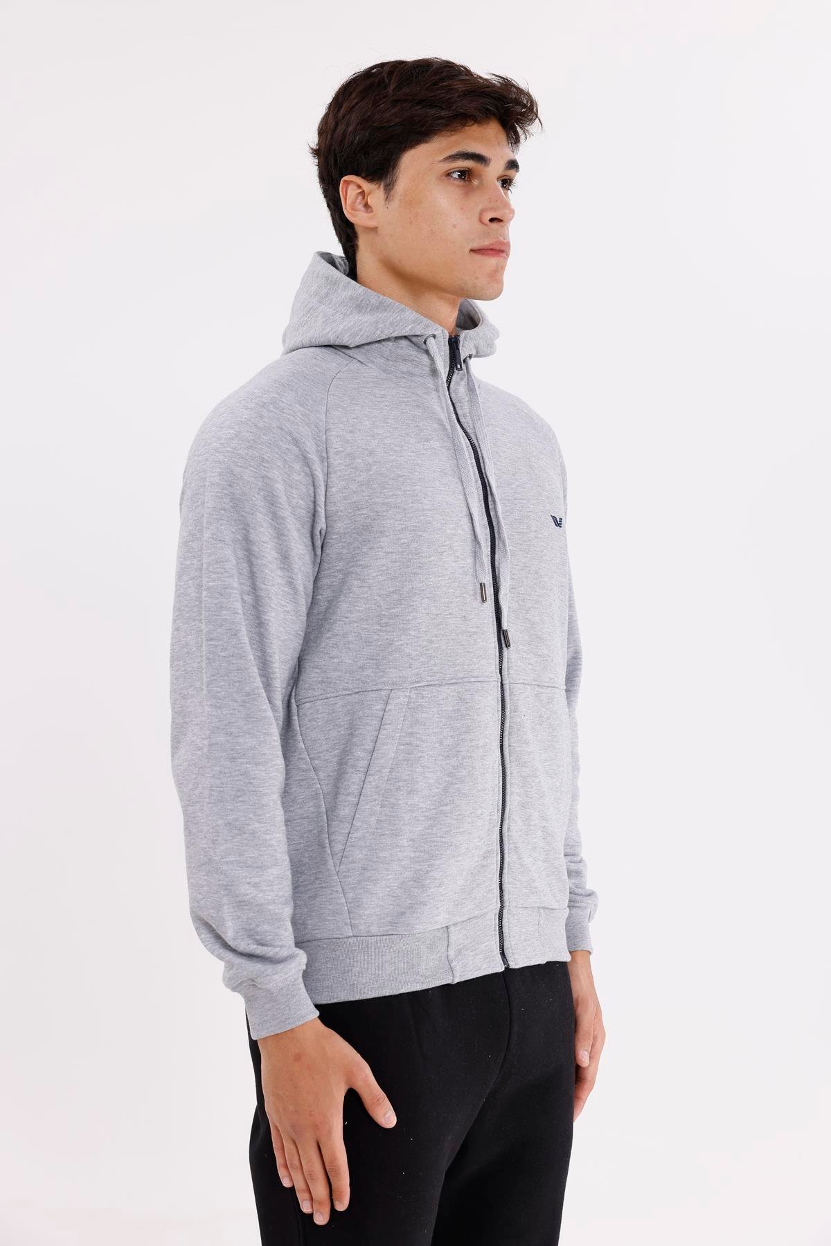 Raglan Kol Tam Fermuarlı Kordonlu Kapüşon Kanguru Cepli Süper Koton Rahat Kalıp Kapüşonlu Sweatshirt