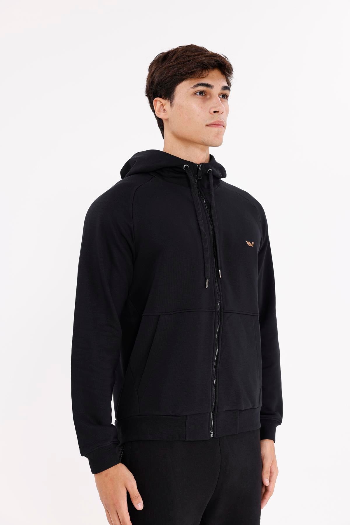 Raglan Kol Tam Fermuarlı Kordonlu Kapüşon Kanguru Cepli Süper Koton Rahat Kalıp Kapüşonlu Sweatshirt