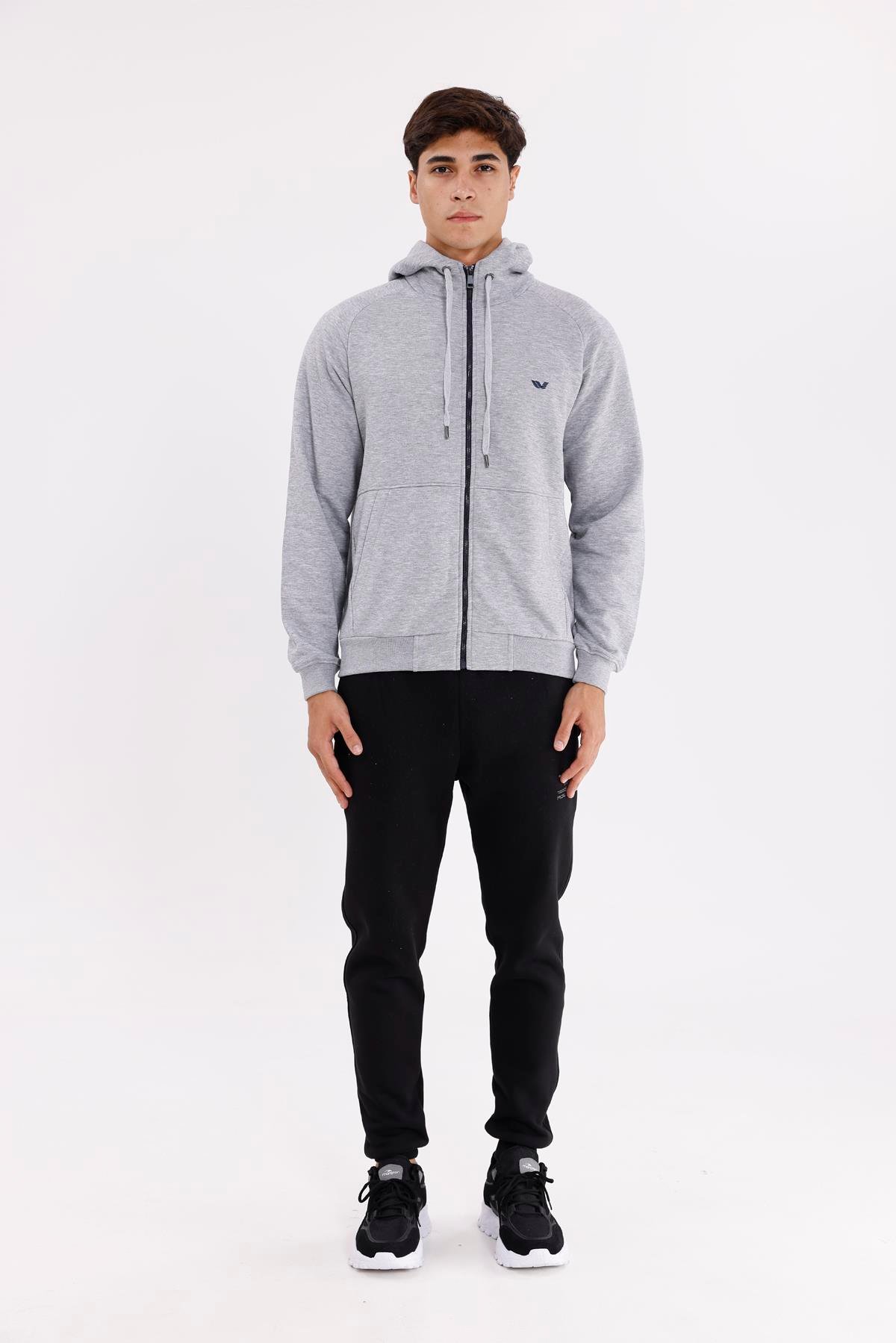 Raglan Kol Tam Fermuarlı Kordonlu Kapüşon Kanguru Cepli Süper Koton Rahat Kalıp Kapüşonlu Sweatshirt