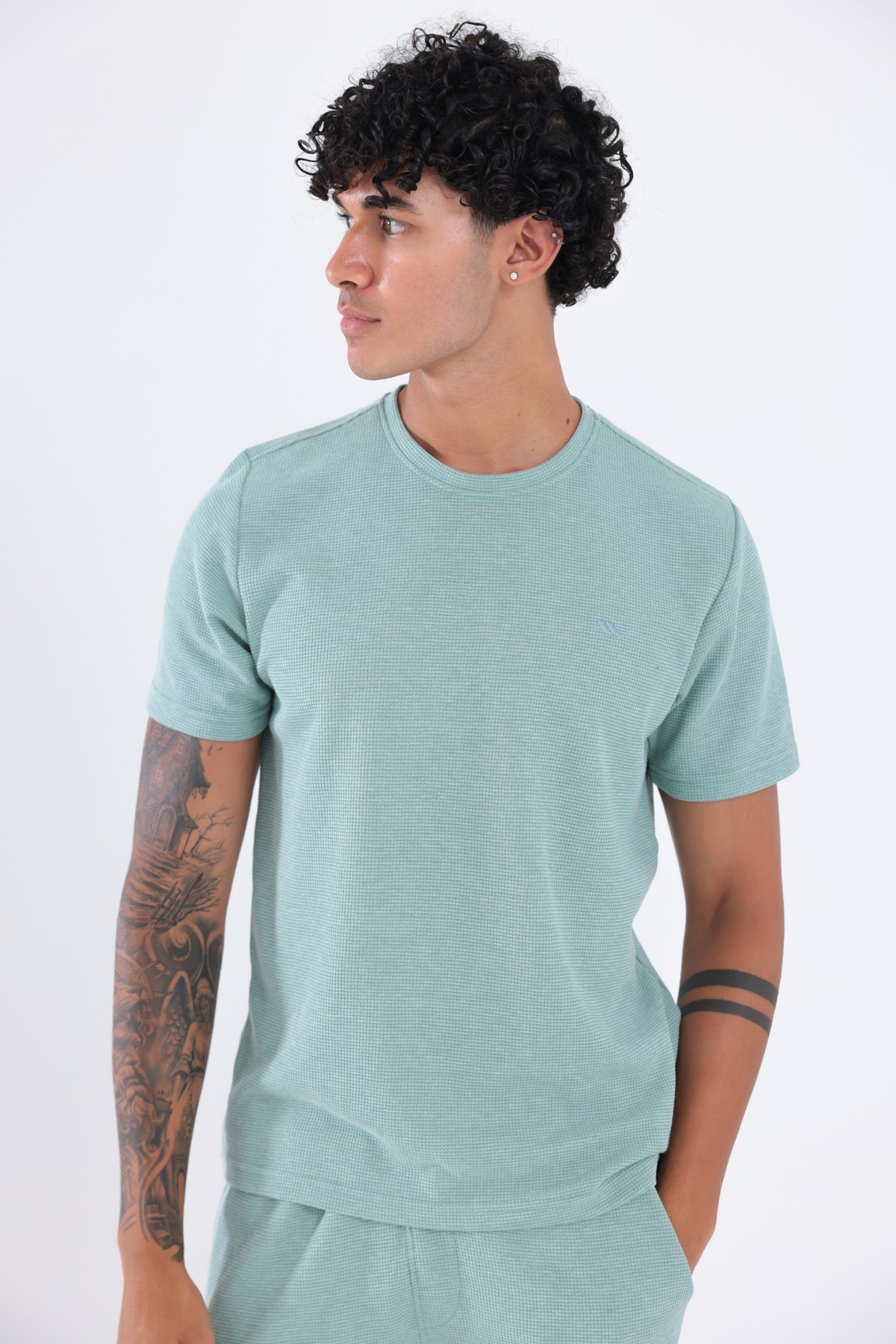 Waffle Dokulu Nakış Logo Detaylı Oversize Erkek T-Shirt