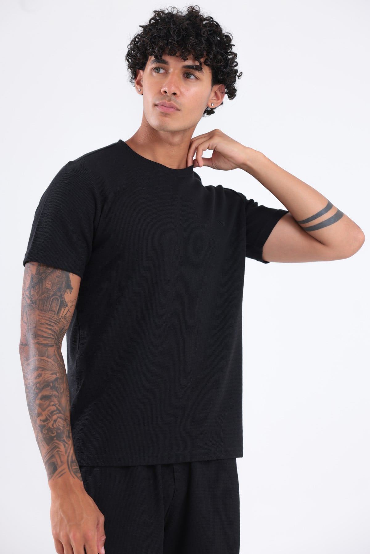 Waffle Dokulu Nakış Logo Detaylı Oversize Erkek T-Shirt