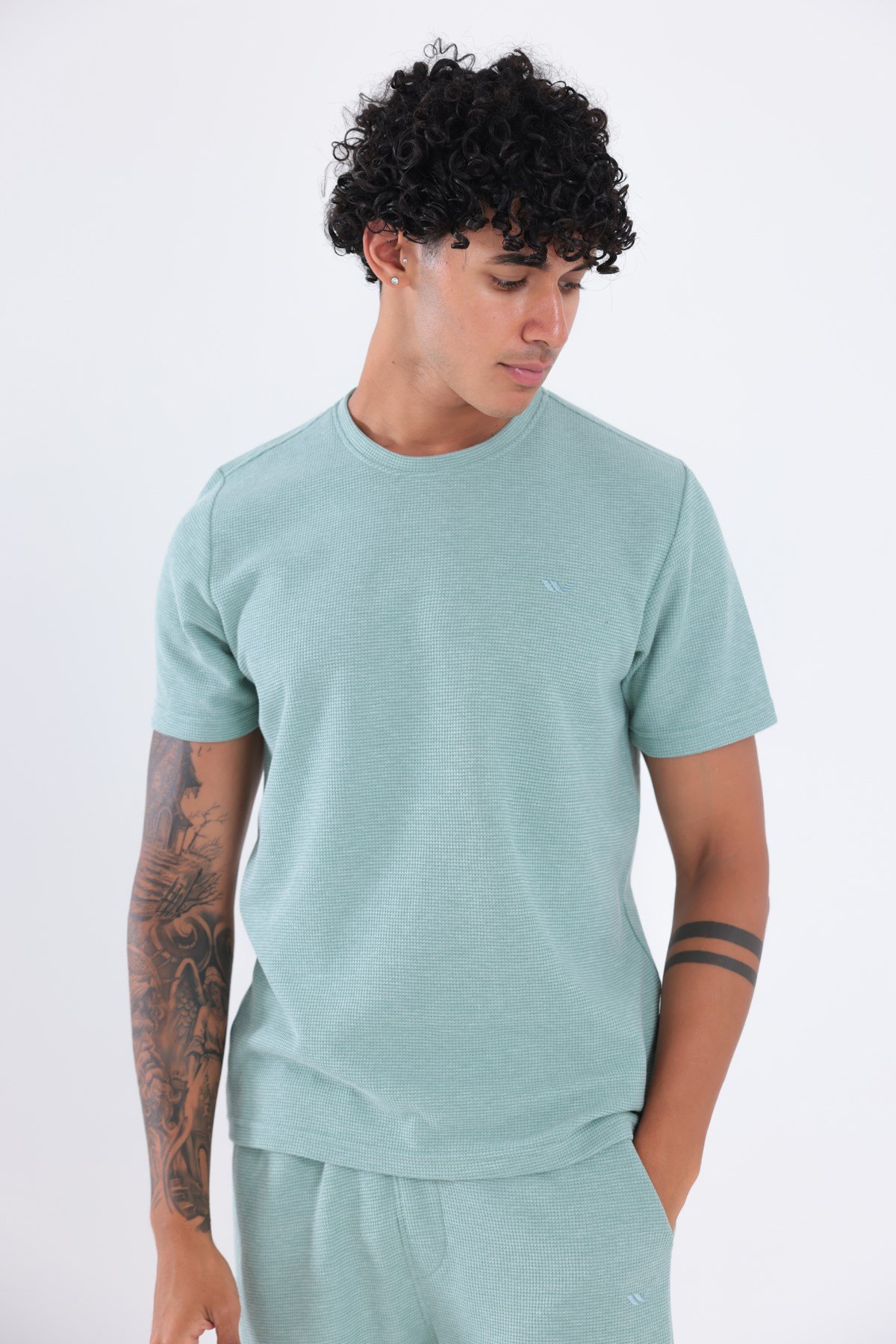 Waffle Dokulu Nakış Logo Detaylı Oversize Erkek T-Shirt