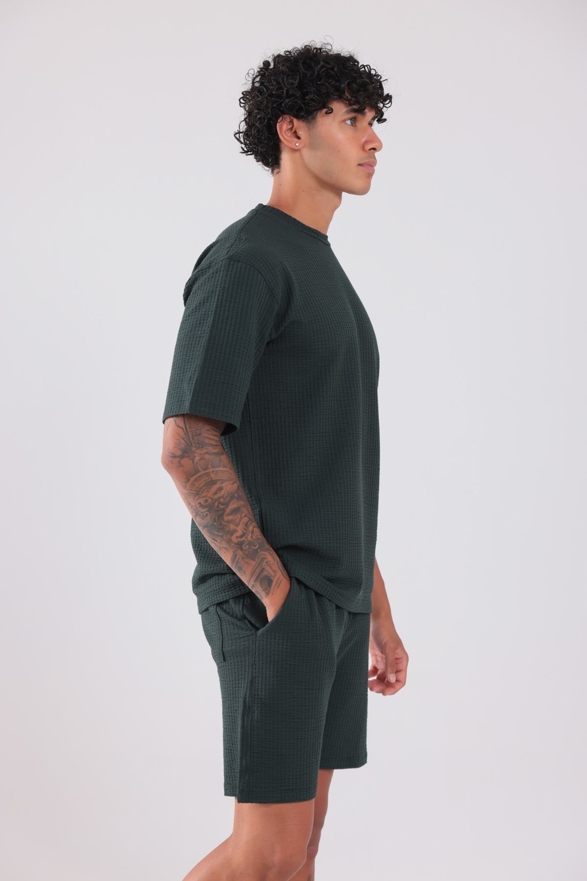 Waffle Dokulu Oversize T-Shirt ve Şort Erkek Takım