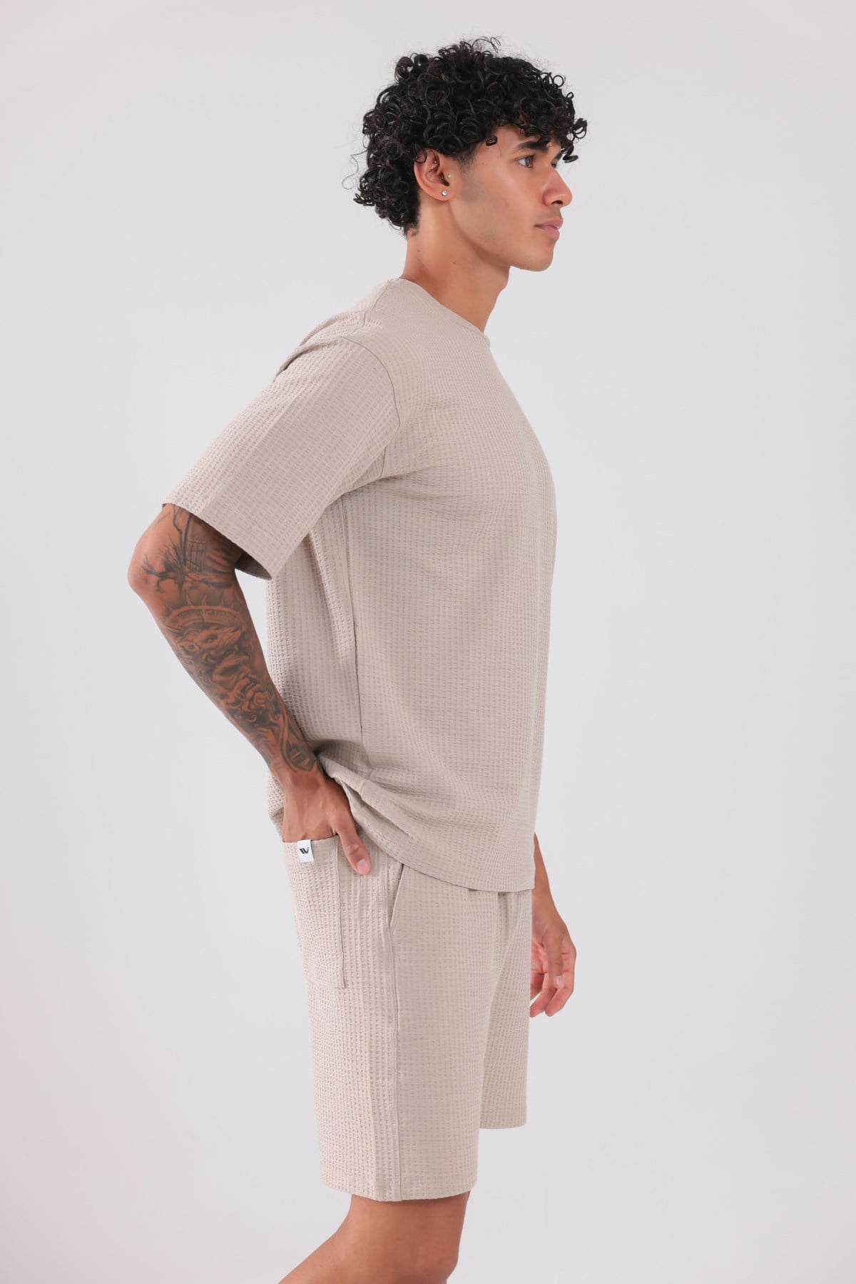 Waffle Dokulu Oversize T-Shirt ve Şort Erkek Takım