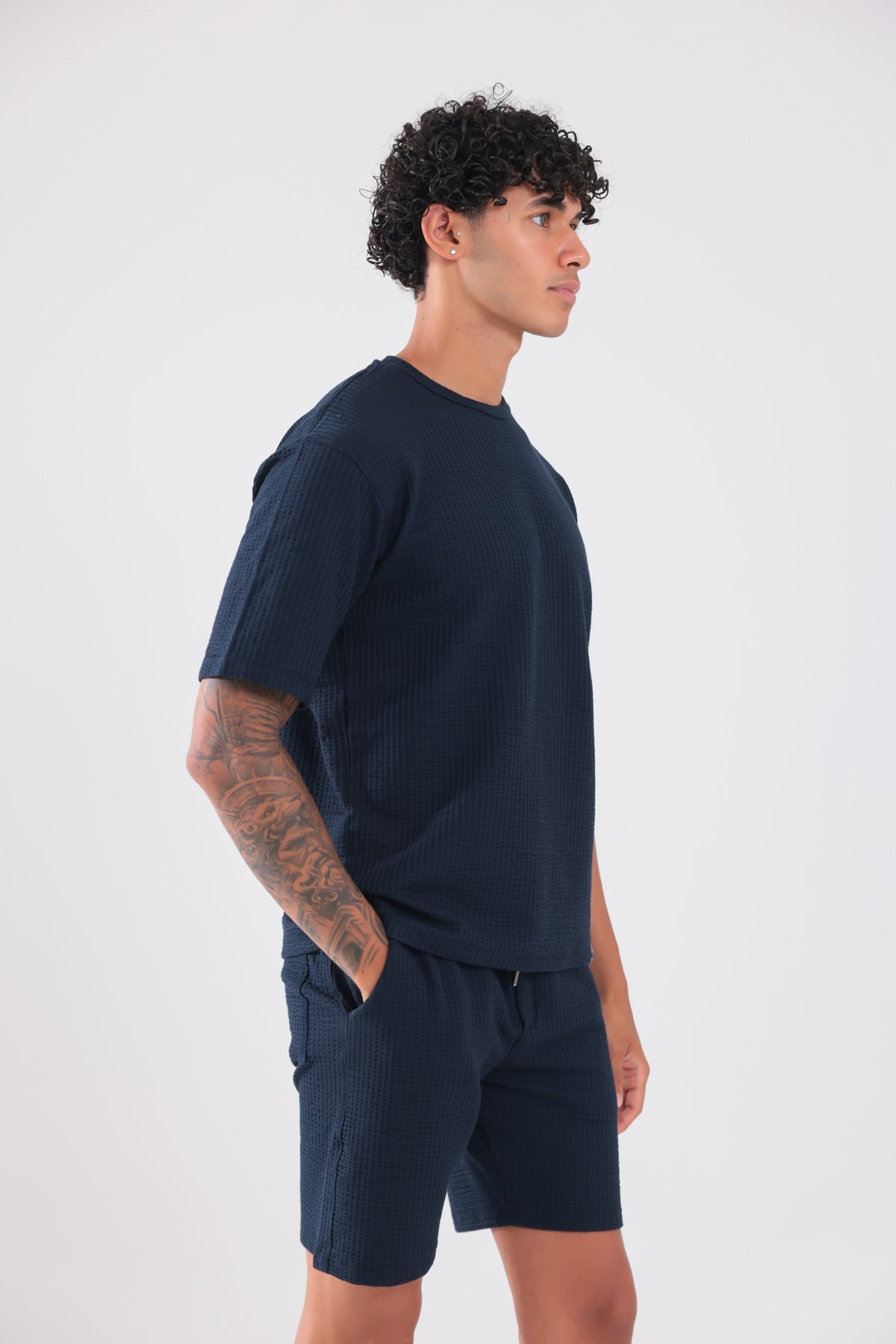 Waffle Dokulu Oversize T-Shirt ve Şort Erkek Takım