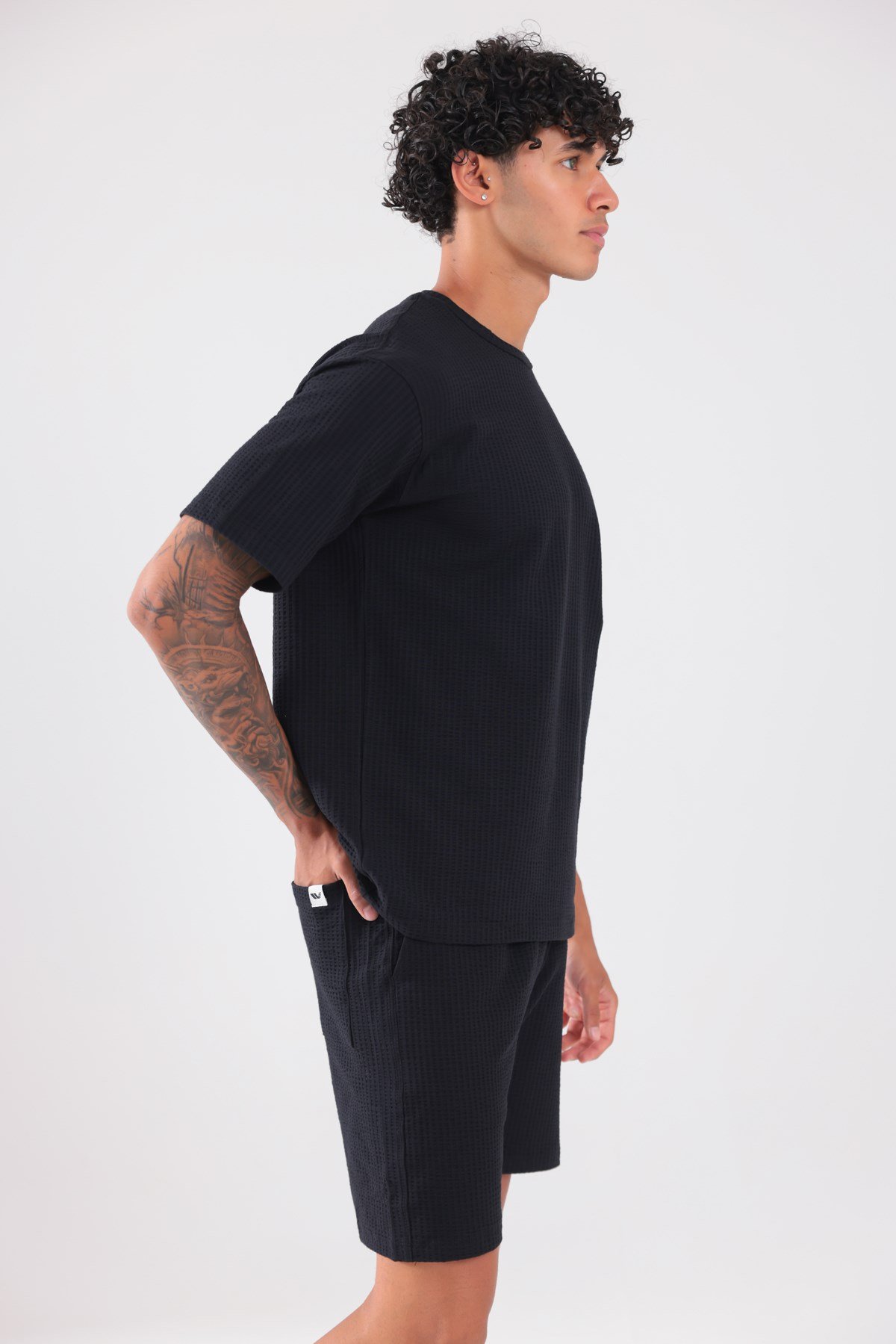 Waffle Dokulu Oversize T-Shirt ve Şort Erkek Takım