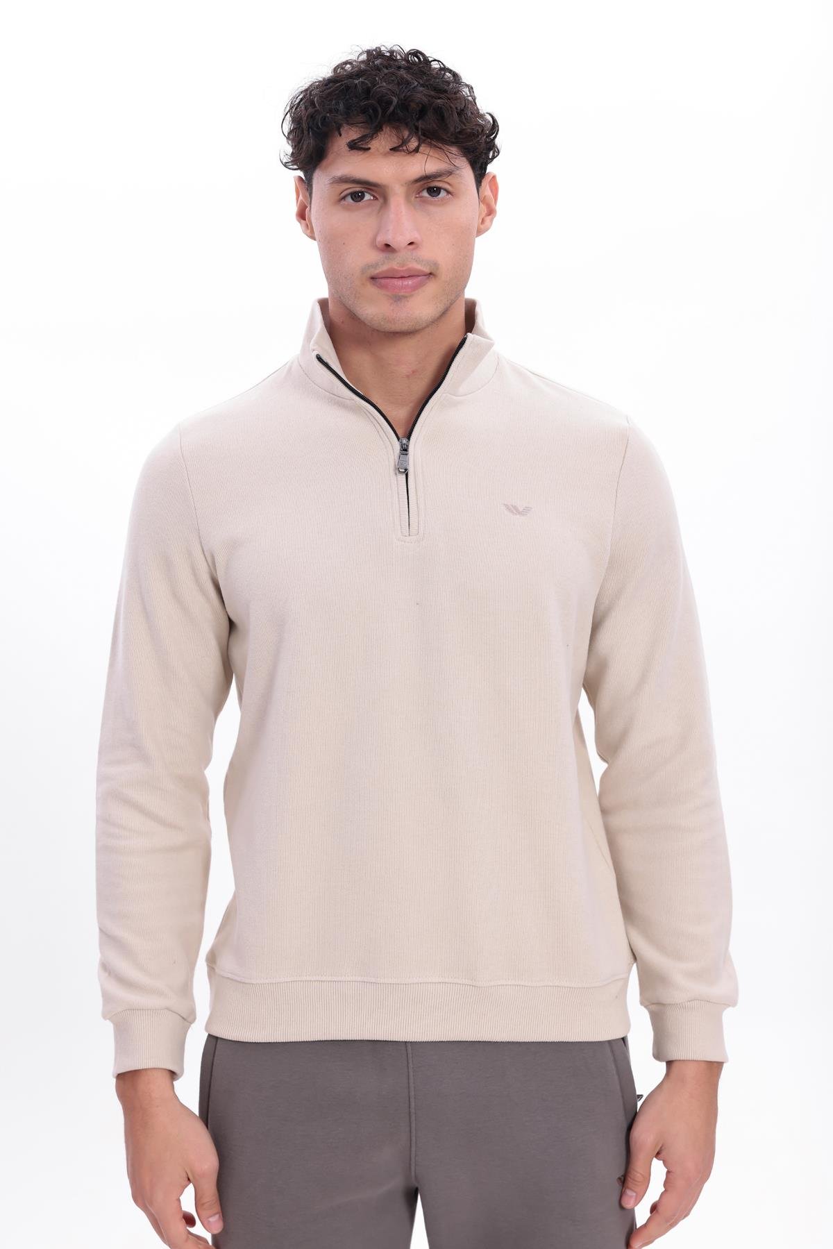 Yarım Fermuarlı Dik Yaka Selanik Örme Erkek Sweatshirt