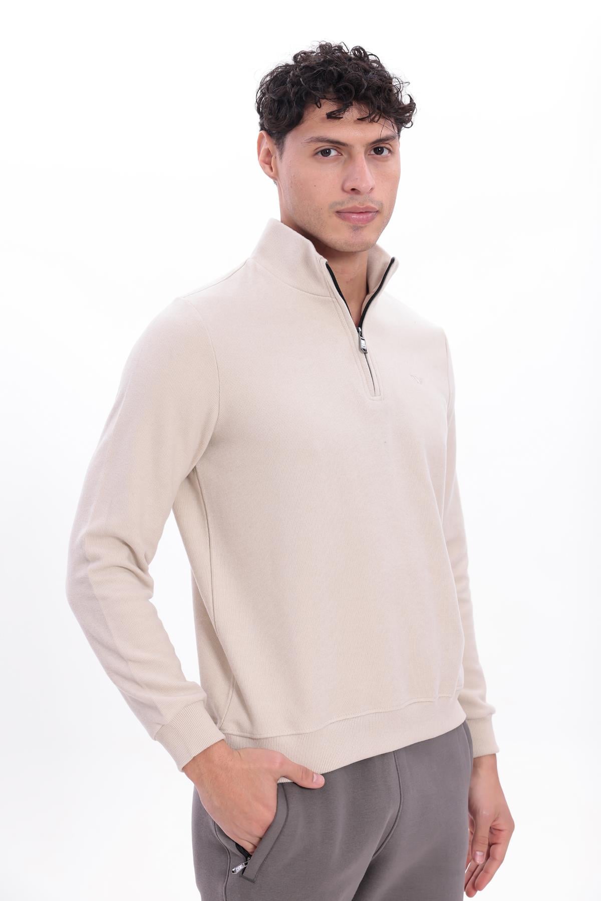 Yarım Fermuarlı Dik Yaka Selanik Örme Erkek Sweatshirt