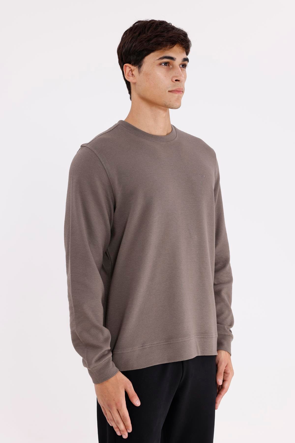 Yatay Dokulu Ottoman Yüzey Tonal Logo Detaylı Bisiklet Yaka Standart Kalıp Sweatshirt