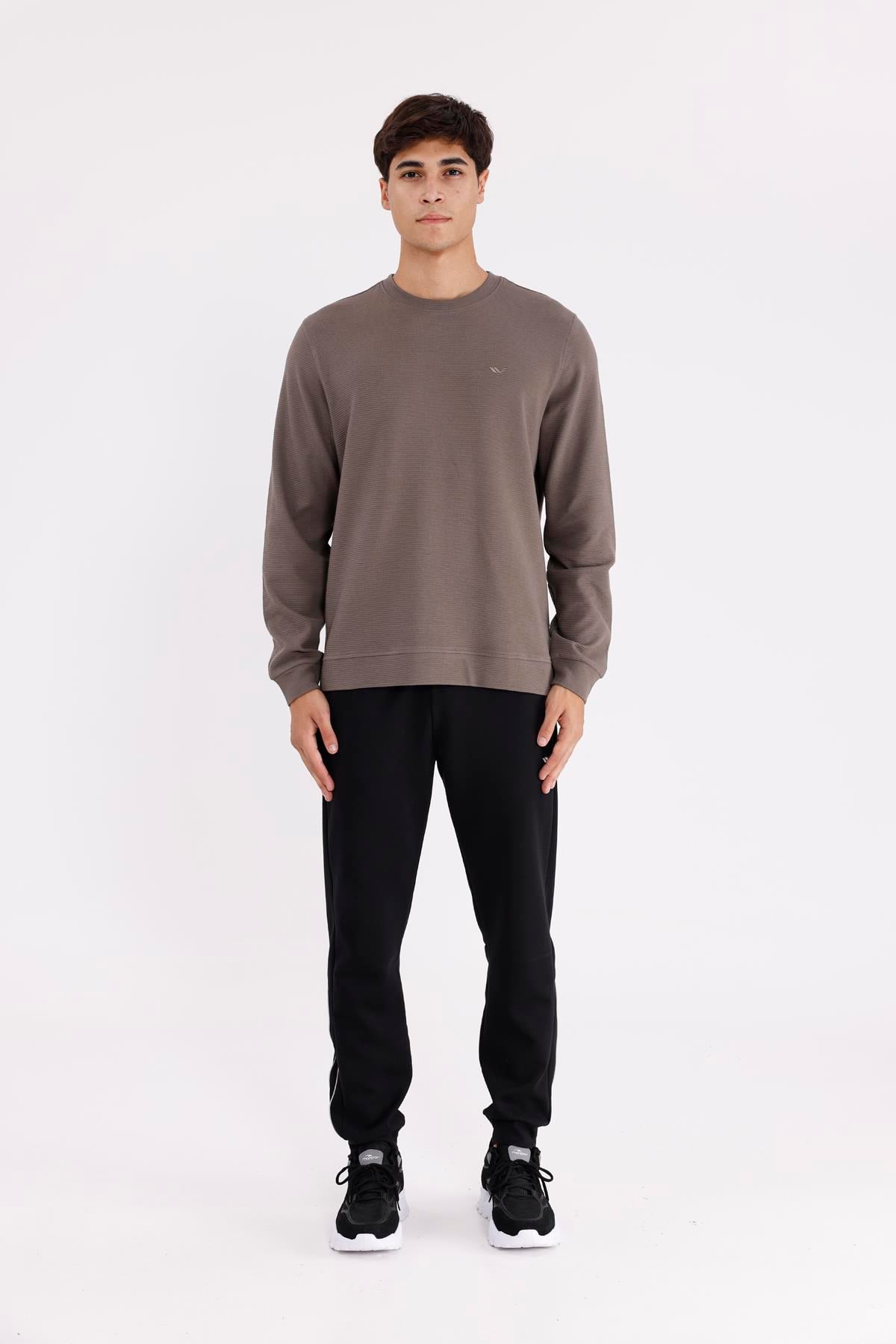 Yatay Dokulu Ottoman Yüzey Tonal Logo Detaylı Bisiklet Yaka Standart Kalıp Sweatshirt