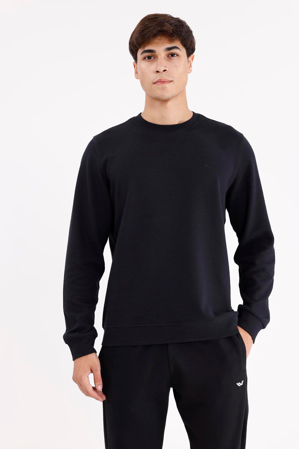 Yatay Dokulu Ottoman Yüzey Tonal Logo Detaylı Bisiklet Yaka Standart Kalıp Sweatshirt