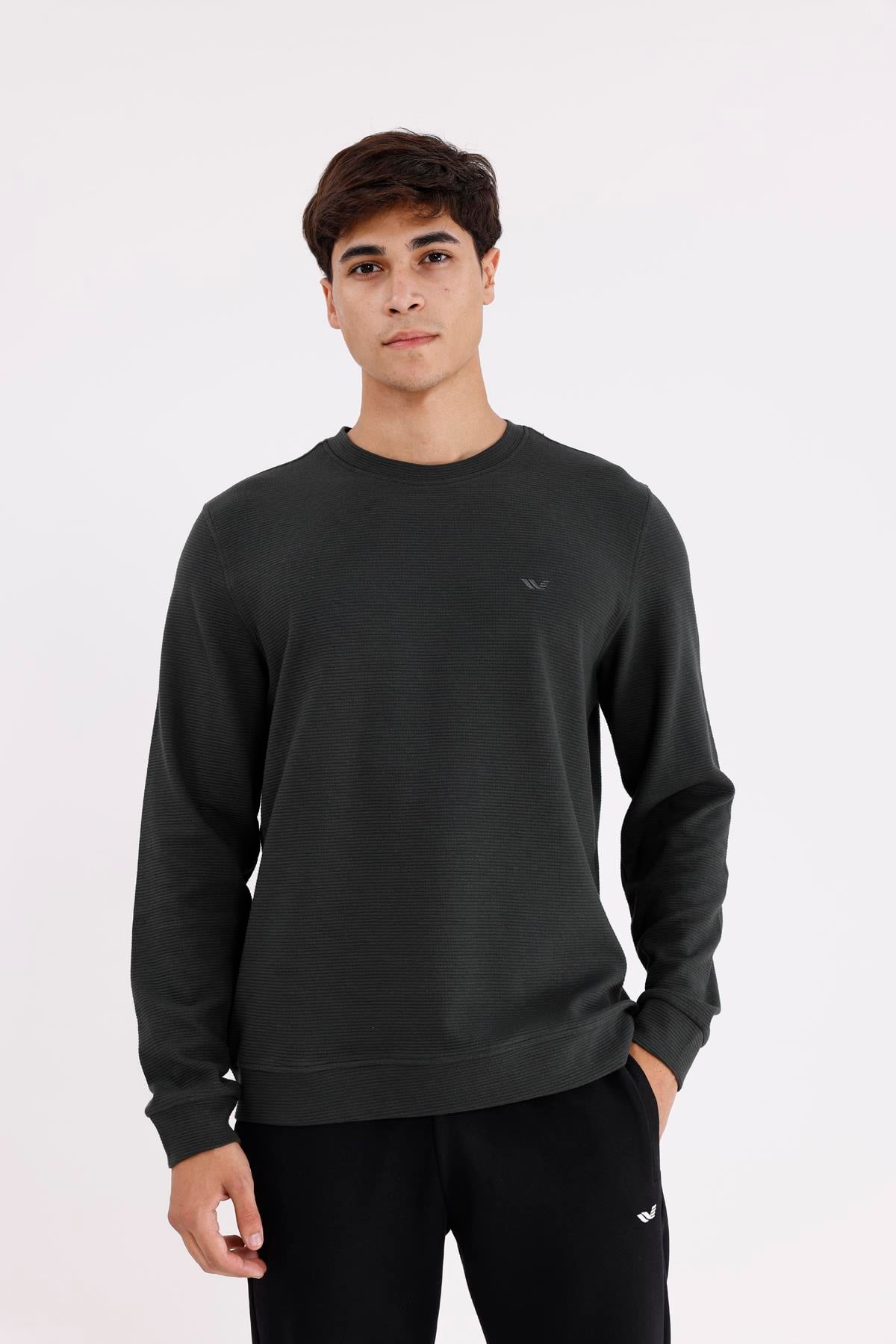 Yatay Dokulu Ottoman Yüzey Tonal Logo Detaylı Bisiklet Yaka Standart Kalıp Sweatshirt