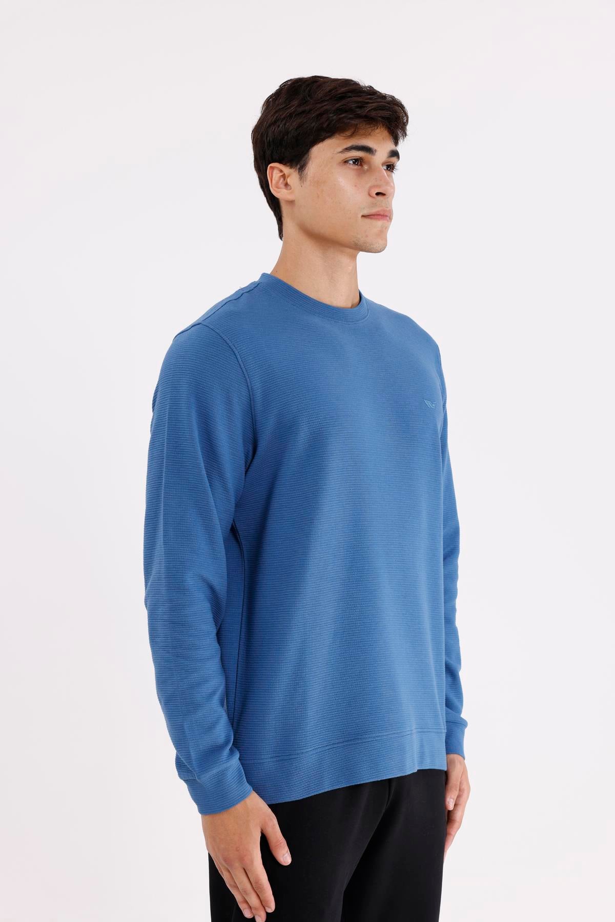 Yatay Dokulu Ottoman Yüzey Tonal Logo Detaylı Bisiklet Yaka Standart Kalıp Sweatshirt