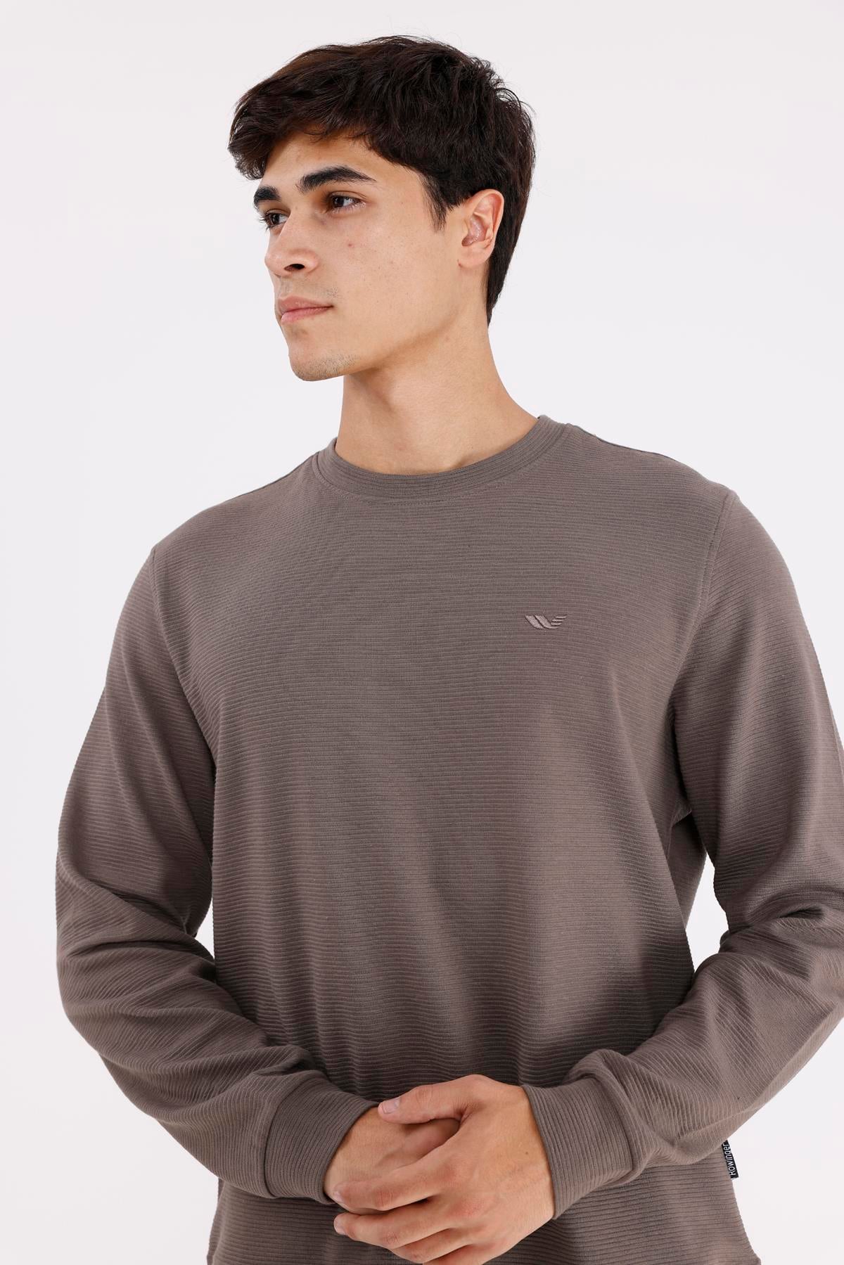 Yatay Dokulu Ottoman Yüzey Tonal Logo Detaylı Bisiklet Yaka Standart Kalıp Sweatshirt