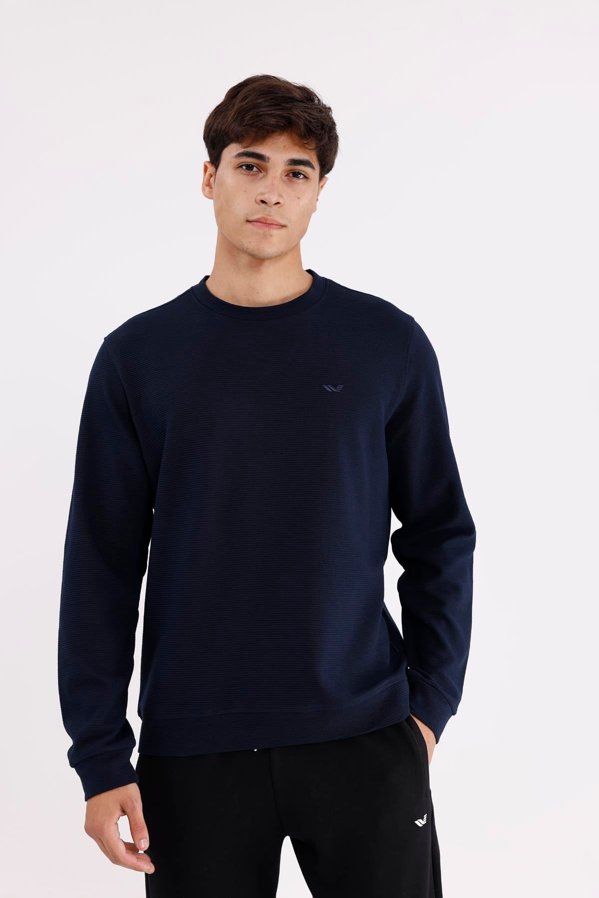 Yatay Dokulu Ottoman Yüzey Tonal Logo Detaylı Bisiklet Yaka Standart Kalıp Sweatshirt