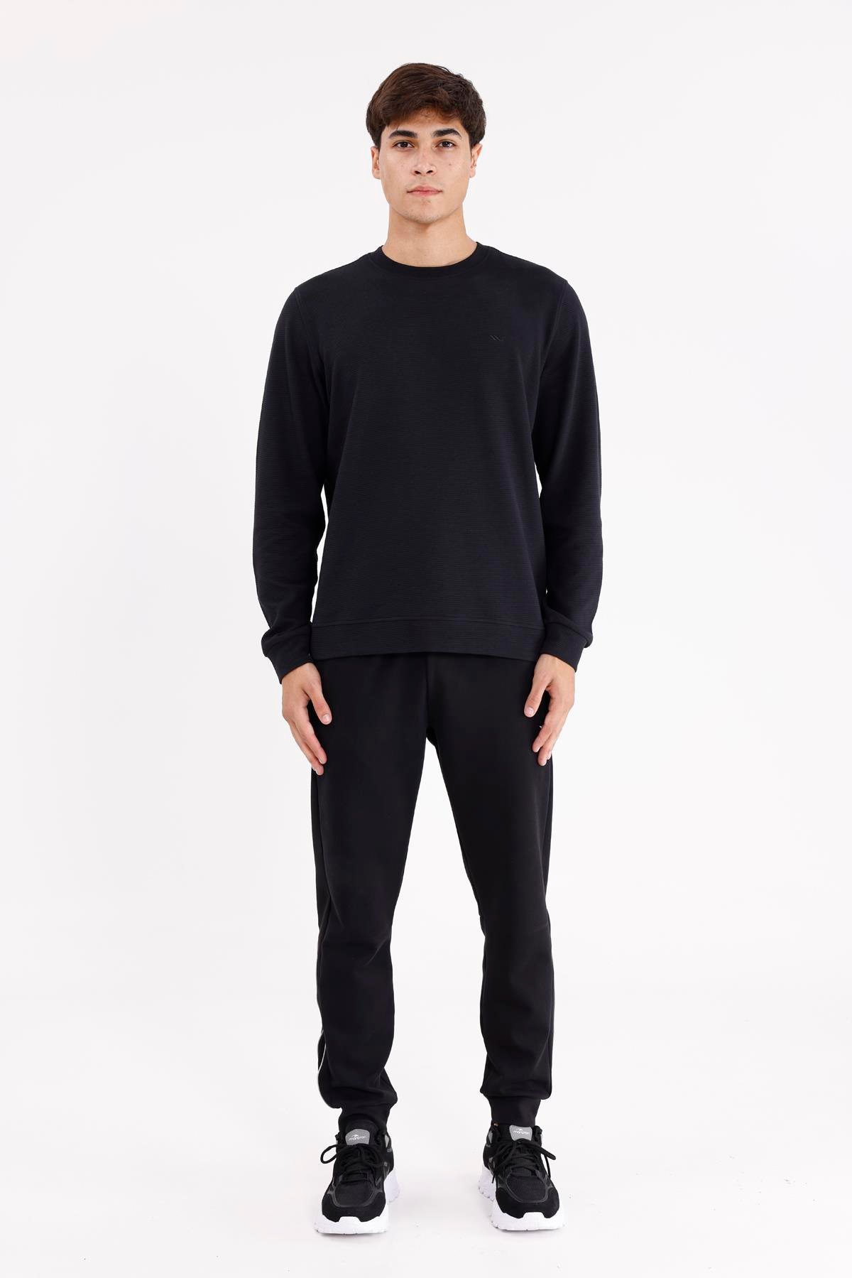 Yatay Dokulu Ottoman Yüzey Tonal Logo Detaylı Bisiklet Yaka Standart Kalıp Sweatshirt