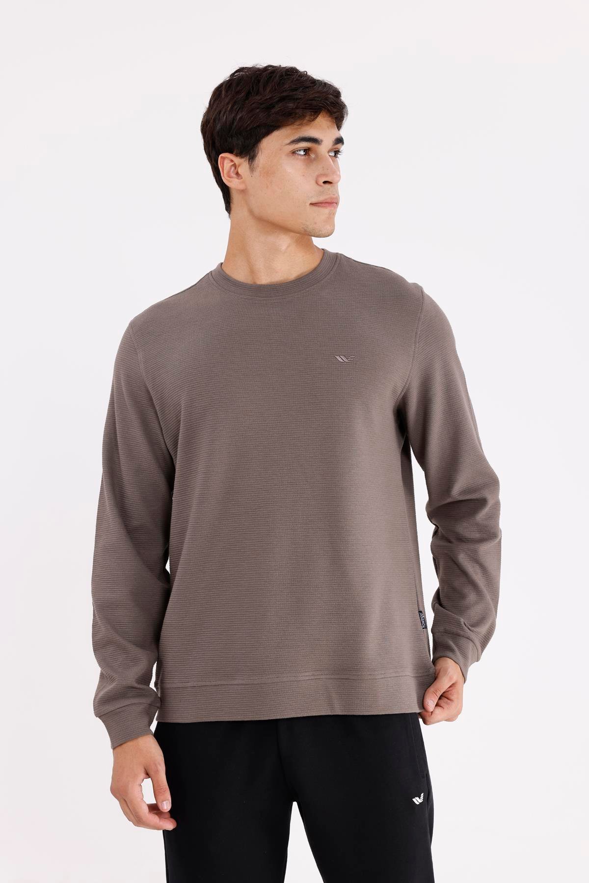 Yatay Dokulu Ottoman Yüzey Tonal Logo Detaylı Bisiklet Yaka Standart Kalıp Sweatshirt