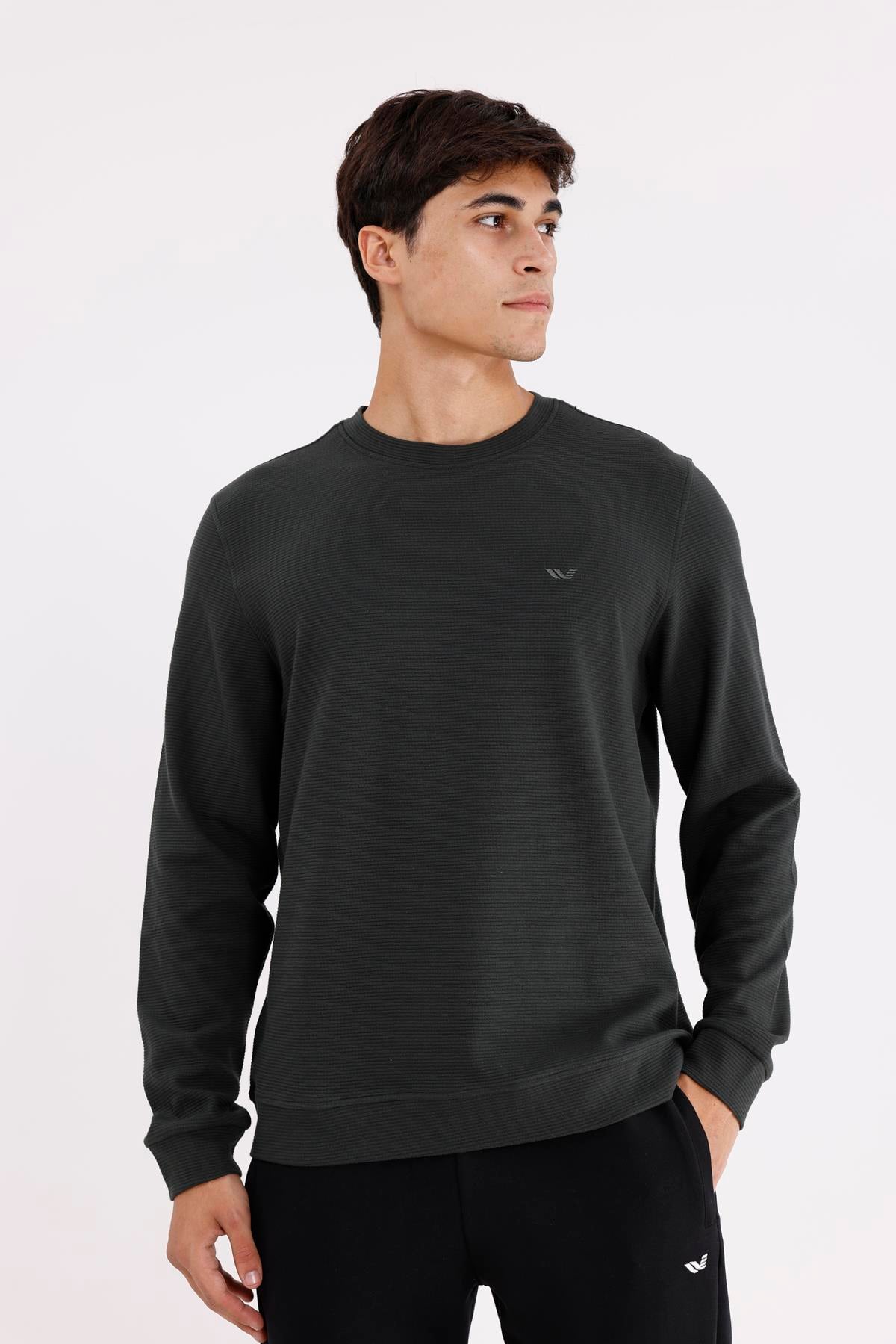 Yatay Dokulu Ottoman Yüzey Tonal Logo Detaylı Bisiklet Yaka Standart Kalıp Sweatshirt