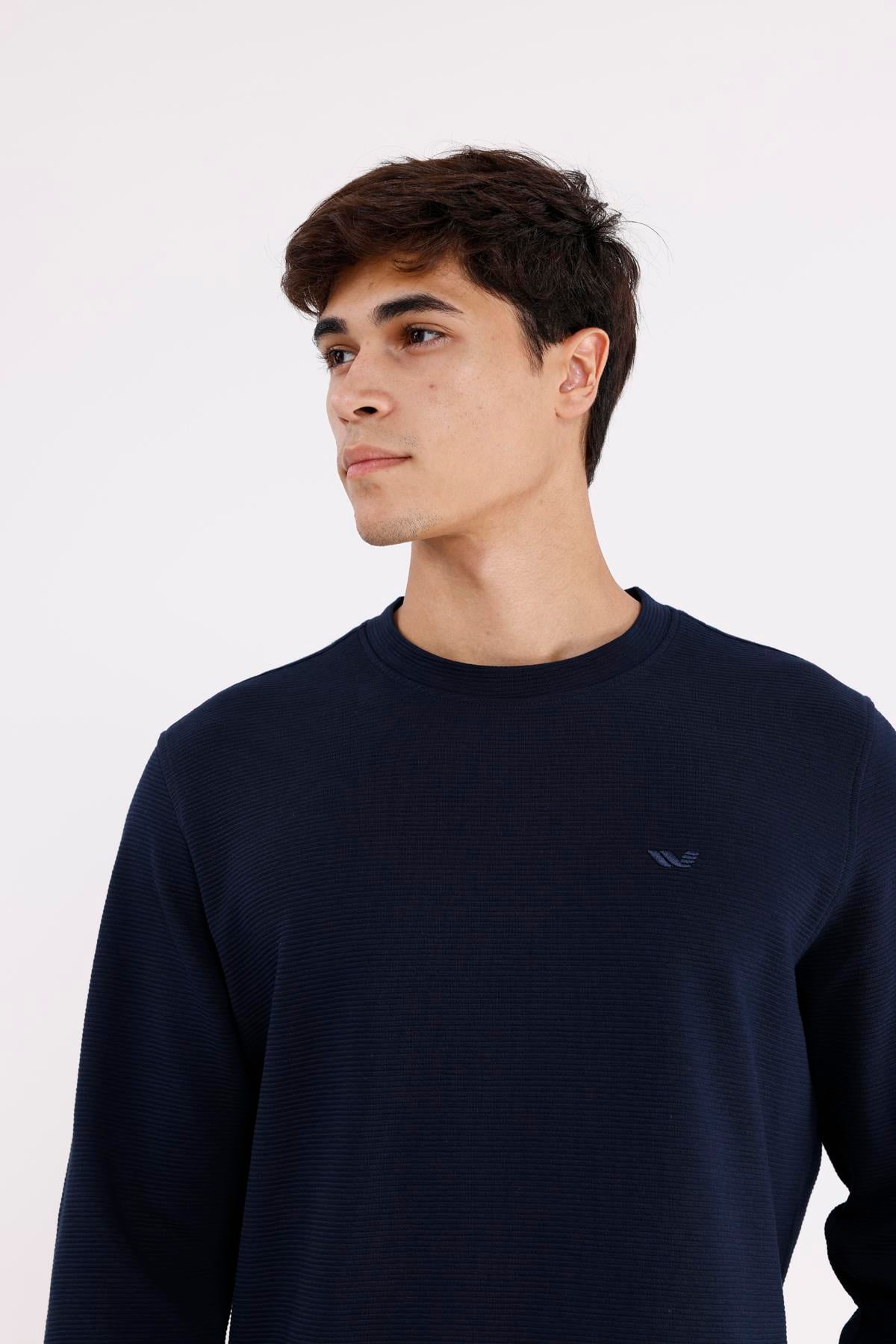 Yatay Dokulu Ottoman Yüzey Tonal Logo Detaylı Bisiklet Yaka Standart Kalıp Sweatshirt